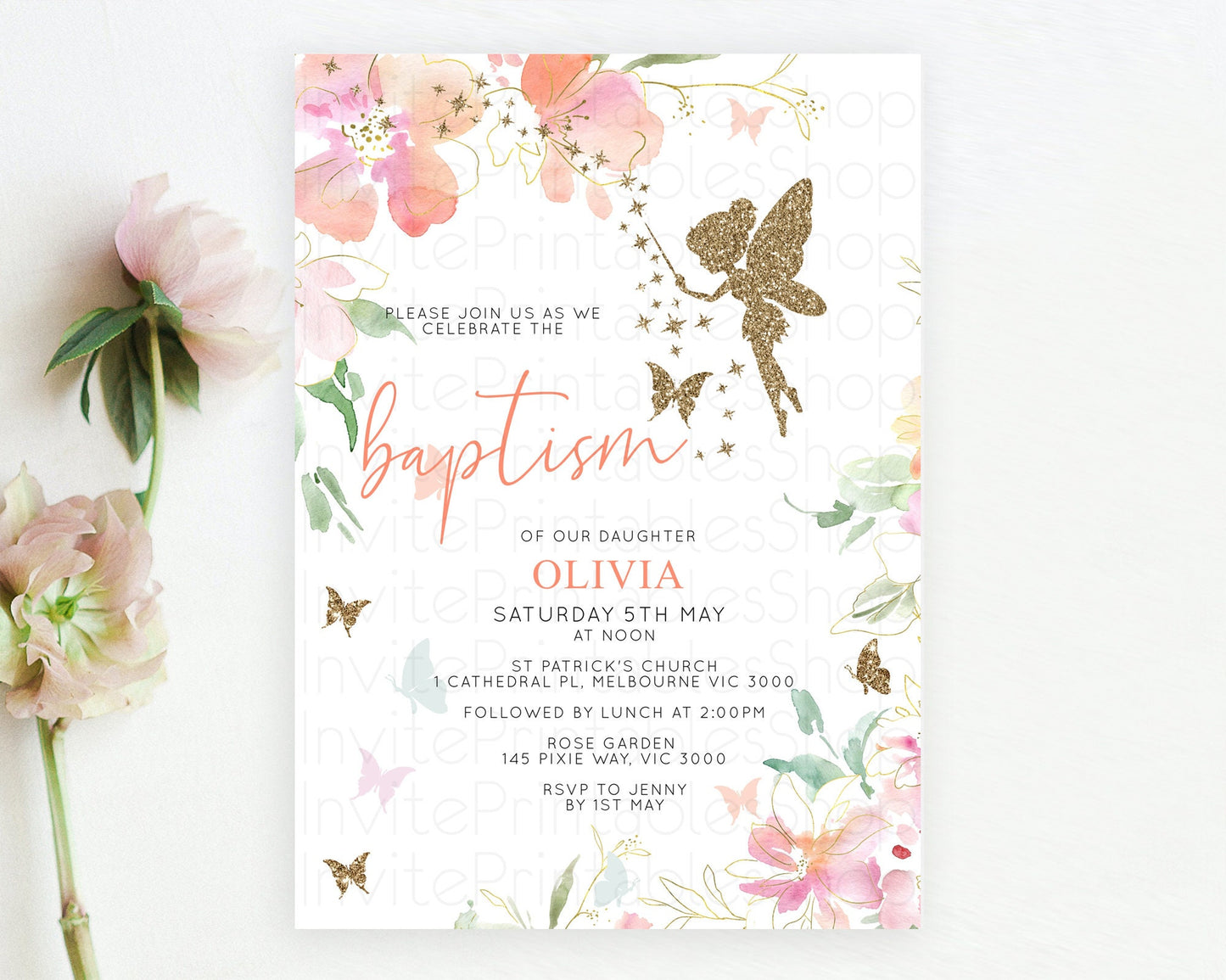 Fairy Baptism Invitation Fairy Baptism 1st Birthday Invitation Enchanted Secret Garden Christening Invite Pastel Floral Butterfly D10934