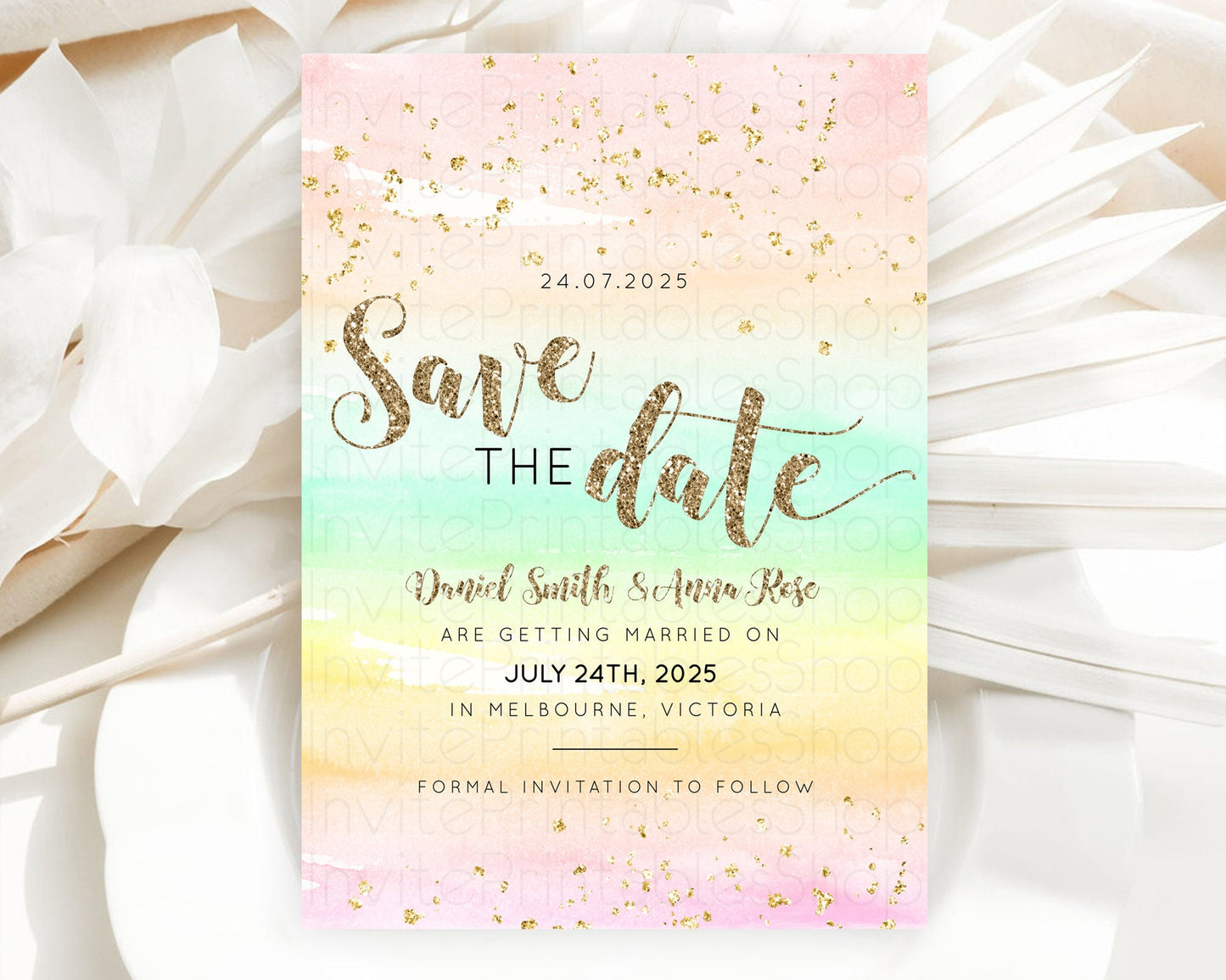 Pastel Save The Date Template Pastel Ombre Rainbow Watercolor Colorful Party For Birthday Baptism Baby Shower Wedding Bridal Shower D10592