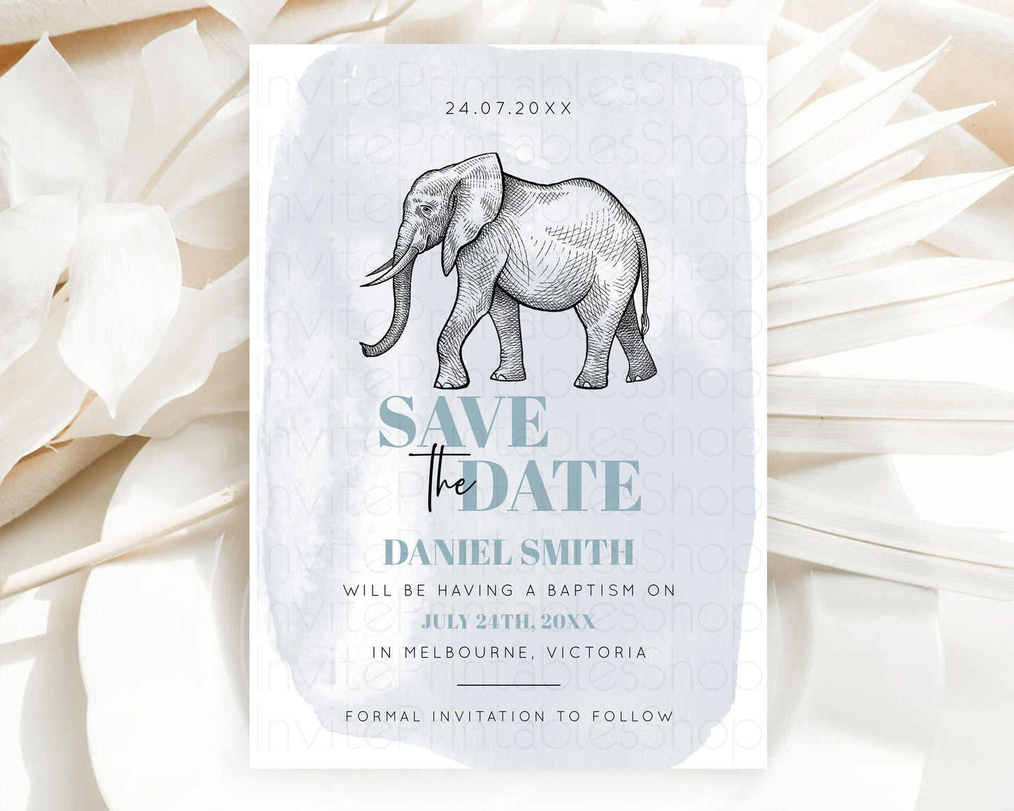 Elephant Save The Date Template Elephant Safari Adventure Party Dried Palm Fern Zoo 1st Birthday Baptism Baby Shower Bridal Shower D10811