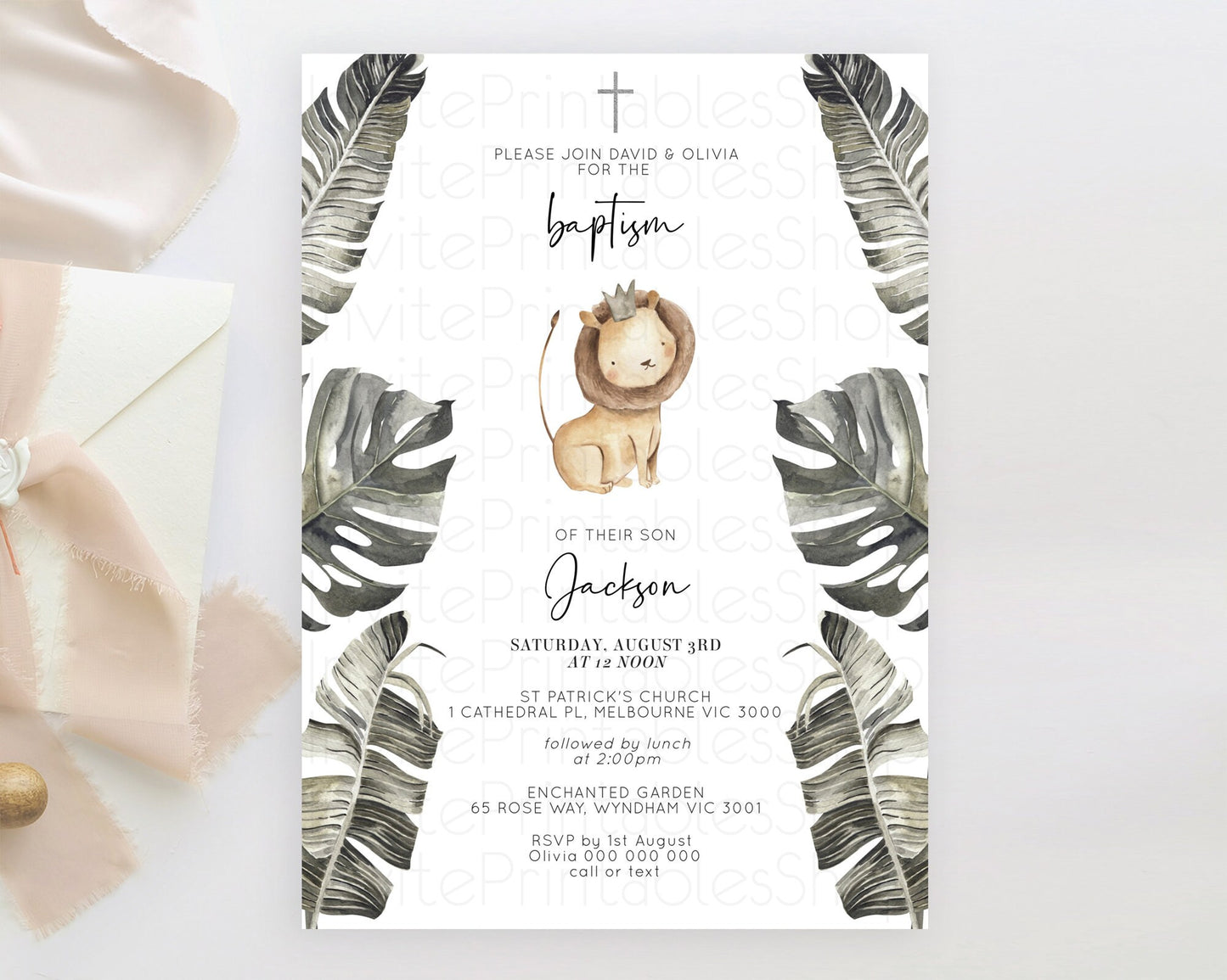 Lion Baptism Invitation Lion Baptism 1st Birthday Invitation Modern Safari Adventure Lion Christening Invitation Holy Communion D10599