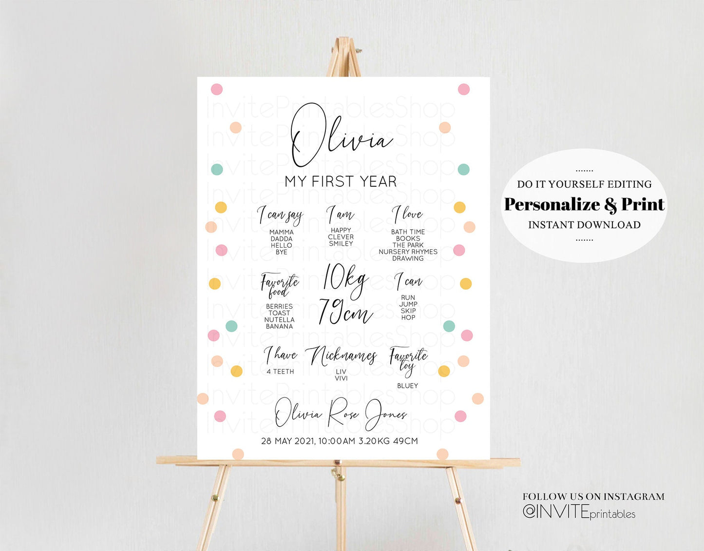 Baby Milestone Board First Birthday Poster Welcome Board 1st Birthday Baby Keepsake Milestone Sign Pastel Colorful Confetti Rainbow Sprinkle