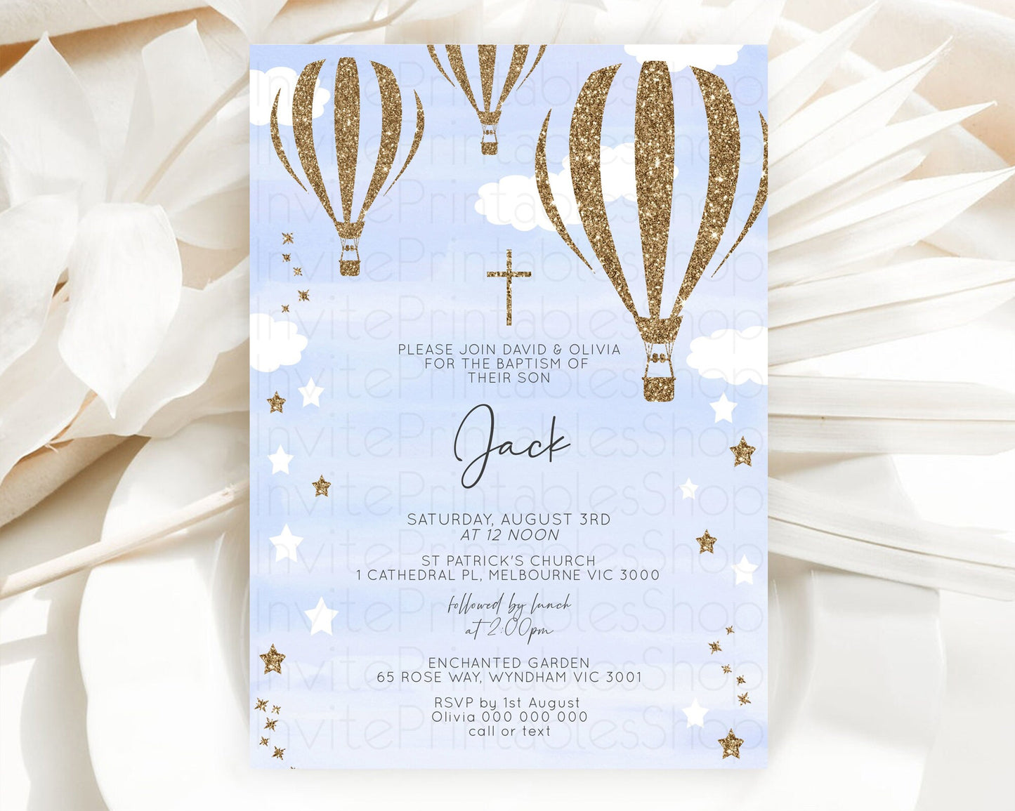 Hot Air Balloon Baptism Invitation Hot Air Balloon Baptism Birthday Invitation Adventure Awaits Up Up Away Glitter Blue Watercolor D10333