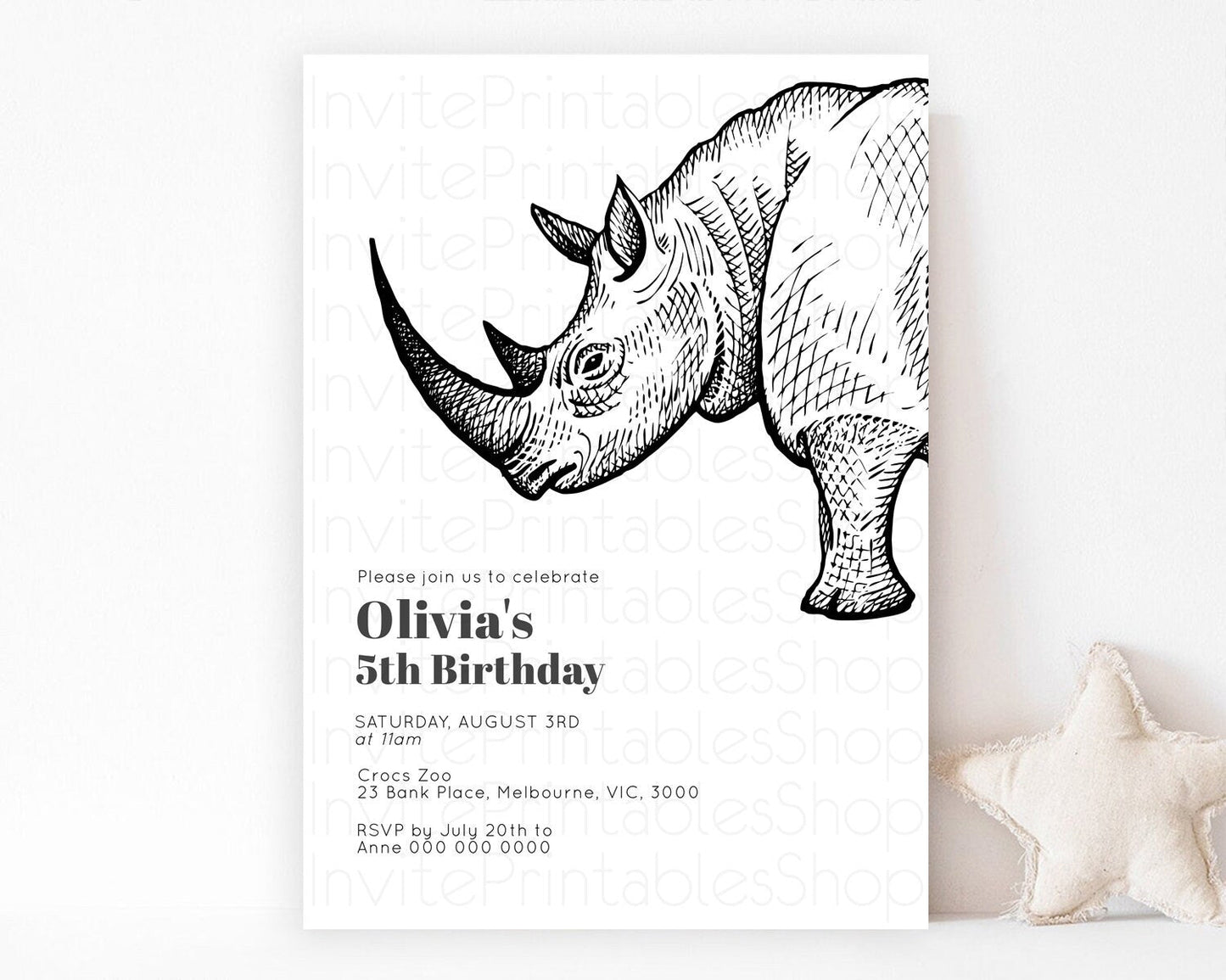 Rhino Birthday Invitation Rhino Invitation Rhino Birthday Rhino Safari Adventure Invite Rhino Palm Leaf Invite Zoo Party D10253