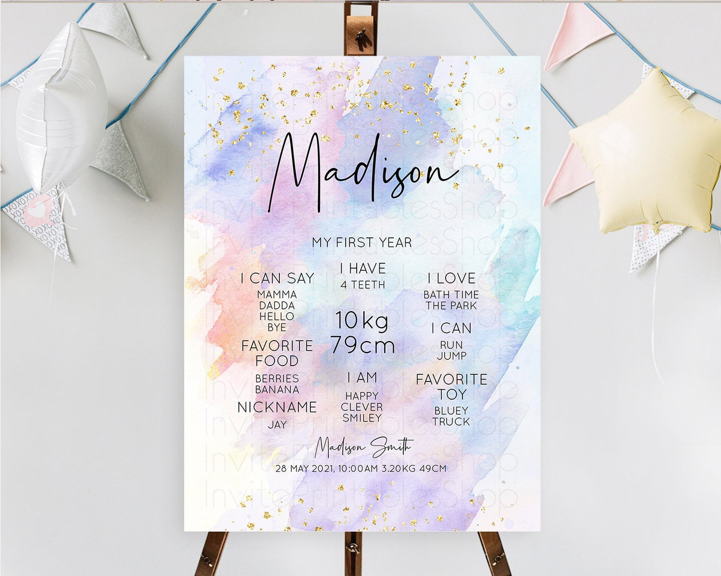 Pastel First Birthday Milestone Board Pastel Rainbow Milestone Poster Colorful Confetti Watercolor Glitter 1st Birthday Welcome Sign D10585