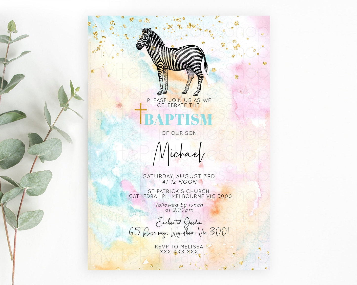 Pastel Zebra Baptism Invitation Watercolor Zebra Baptism 1st Birthday Invitation Rainbow Zebra Christening Invite Colorful Safari  D10281