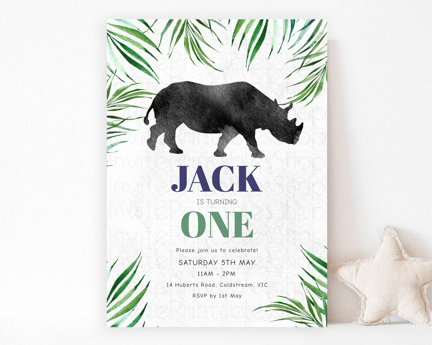 Rhino Birthday Invitation Rhino Invitation Rhino Birthday Rhino Safari Adventure Invite Rhino Palm Leaf Invite Zoo Party D10843