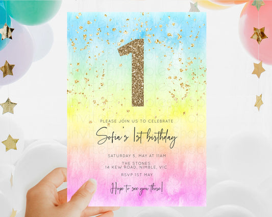 Editable Rainbow Birthday Invitation Colorful Pastel Watercolor Invitation G