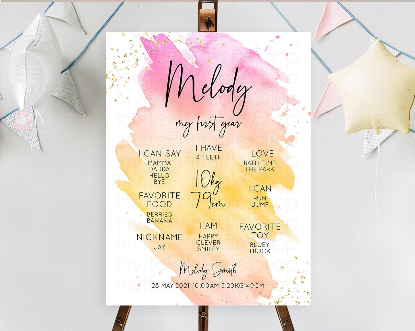 Pastel First Birthday Milestone Board Pastel Rainbow Milestone Poster Colorful Confetti Watercolor Glitter 1st Birthday Welcome Sign D10527
