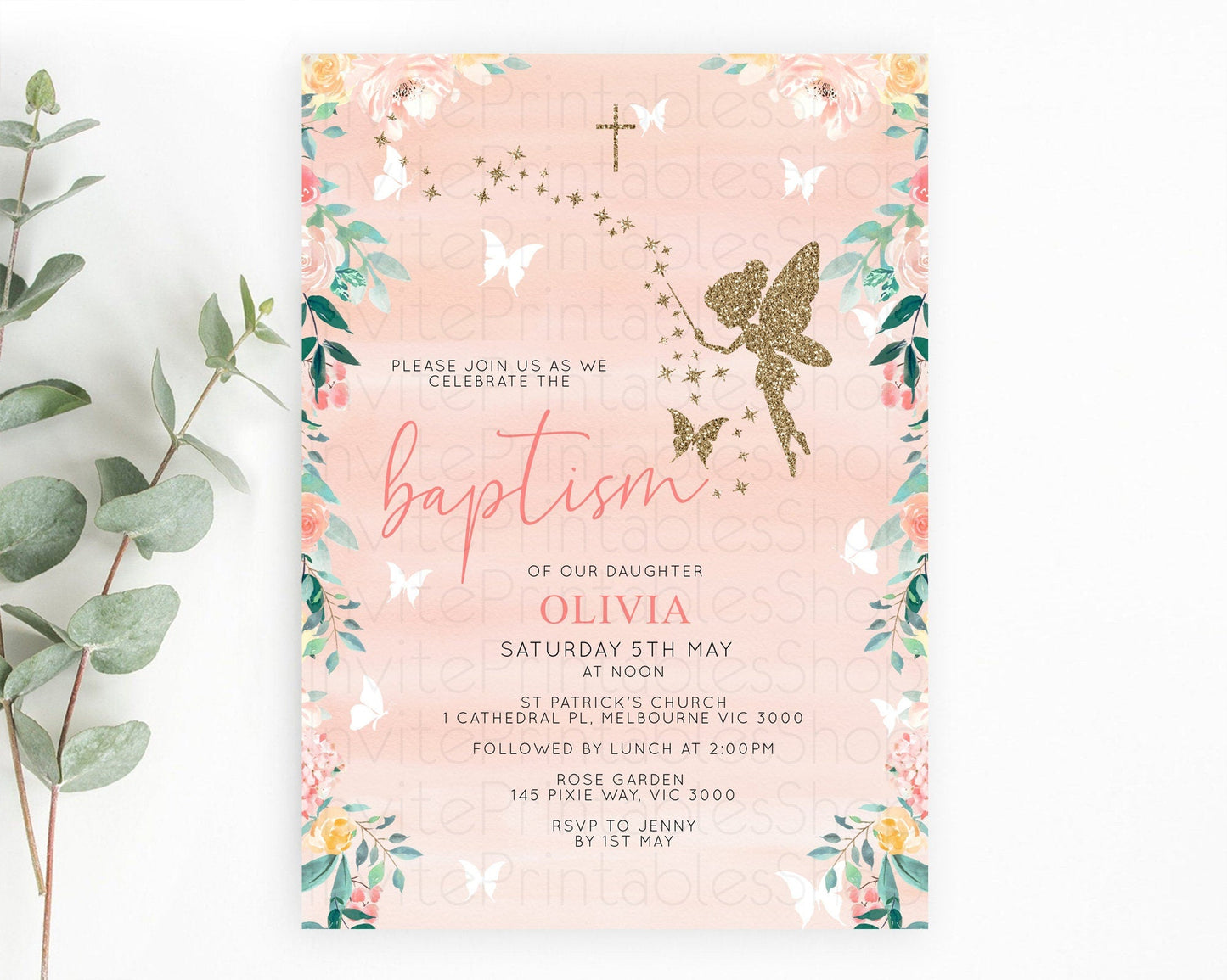 Fairy Baptism Invitation Fairy Baptism 1st Birthday Invitation Enchanted Secret Garden Christening Invite Pastel Floral Butterfly D10792
