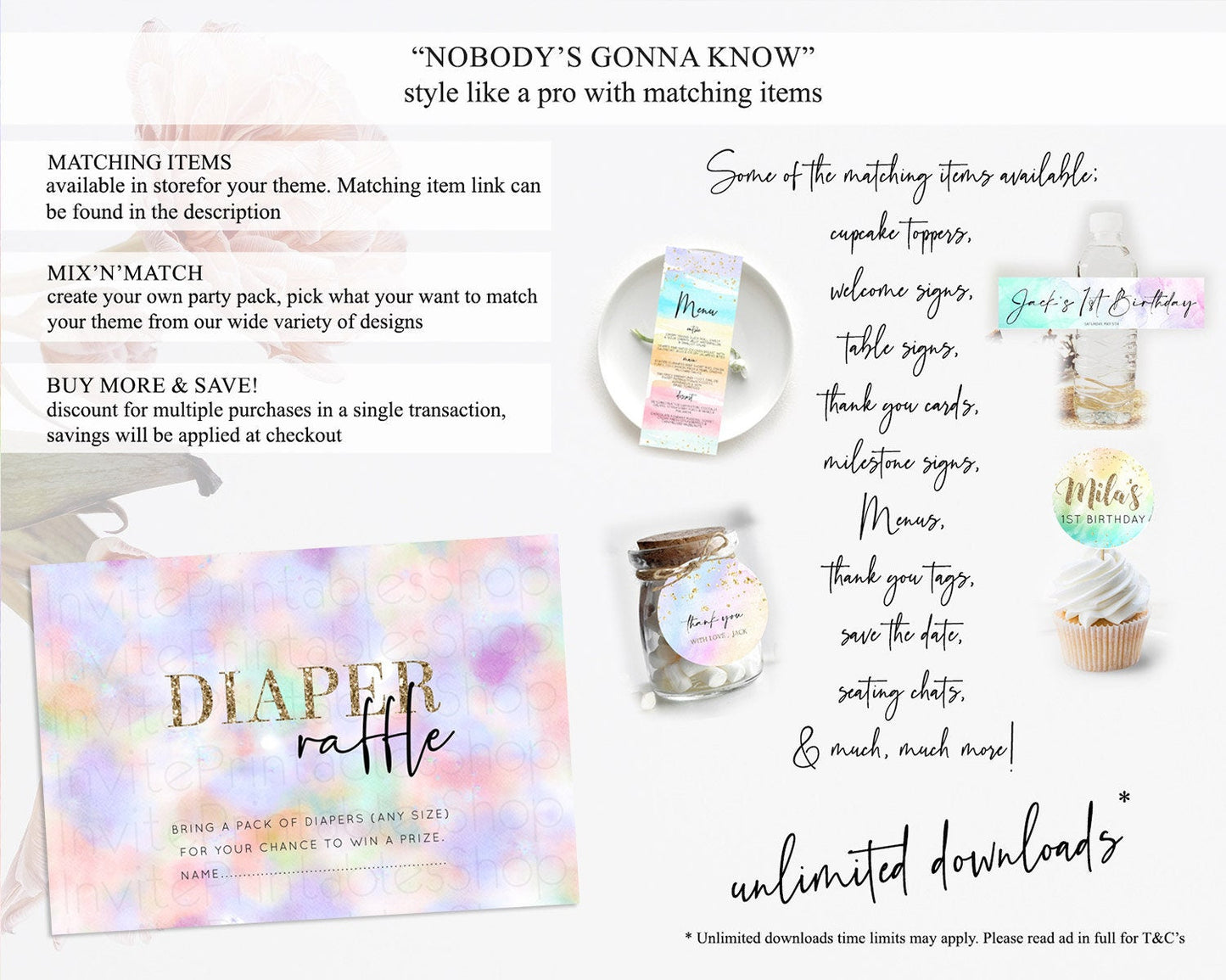 Pastel Diaper Raffle Card Pastel Rainbow Diaper Raffle Insert Colorful Ombre Watercolor Diaper Ticket Confetti Glitter Raffle Game D10697