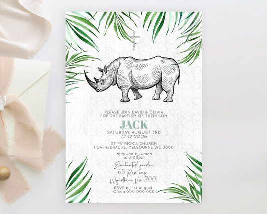 Rhino Baptism Invitation Rhino Baptism 1st Birthday Invitation Rhino Safari Adventure Christening Invitation Palm Leaf Invite Zoo D10848