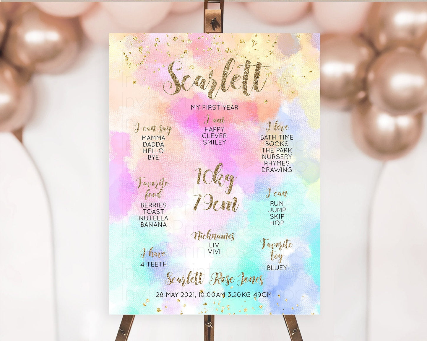 Pastel First Birthday Milestone Board Pastel Rainbow Milestone Poster Colorful Confetti Watercolor Glitter 1st Birthday Welcome Sign D10669