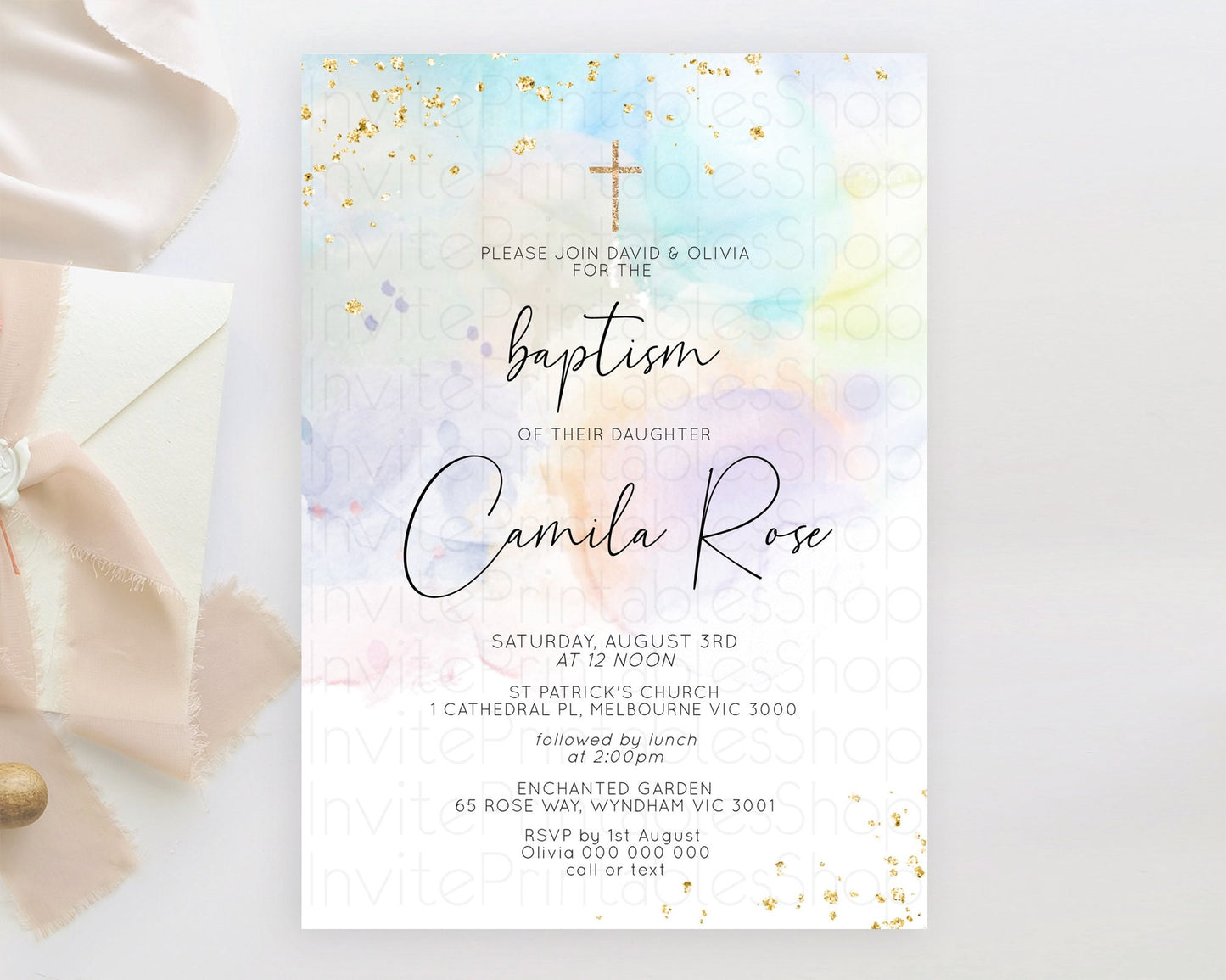 Pastel Baptism Invitation Pastel Colors Watercolor Baptism 1st Birthday Party Gold Ombre Pastel Rainbow Christening Holy Communion D10769