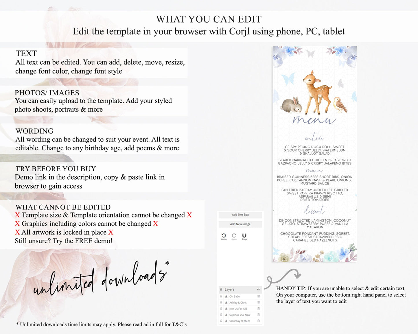 Fawn Menu Deer Menu Template Pastel Floral Deer Table Decor Enchanted Forest Butterfly Floral Dinner Dessert Menu Party Food Menu D10929