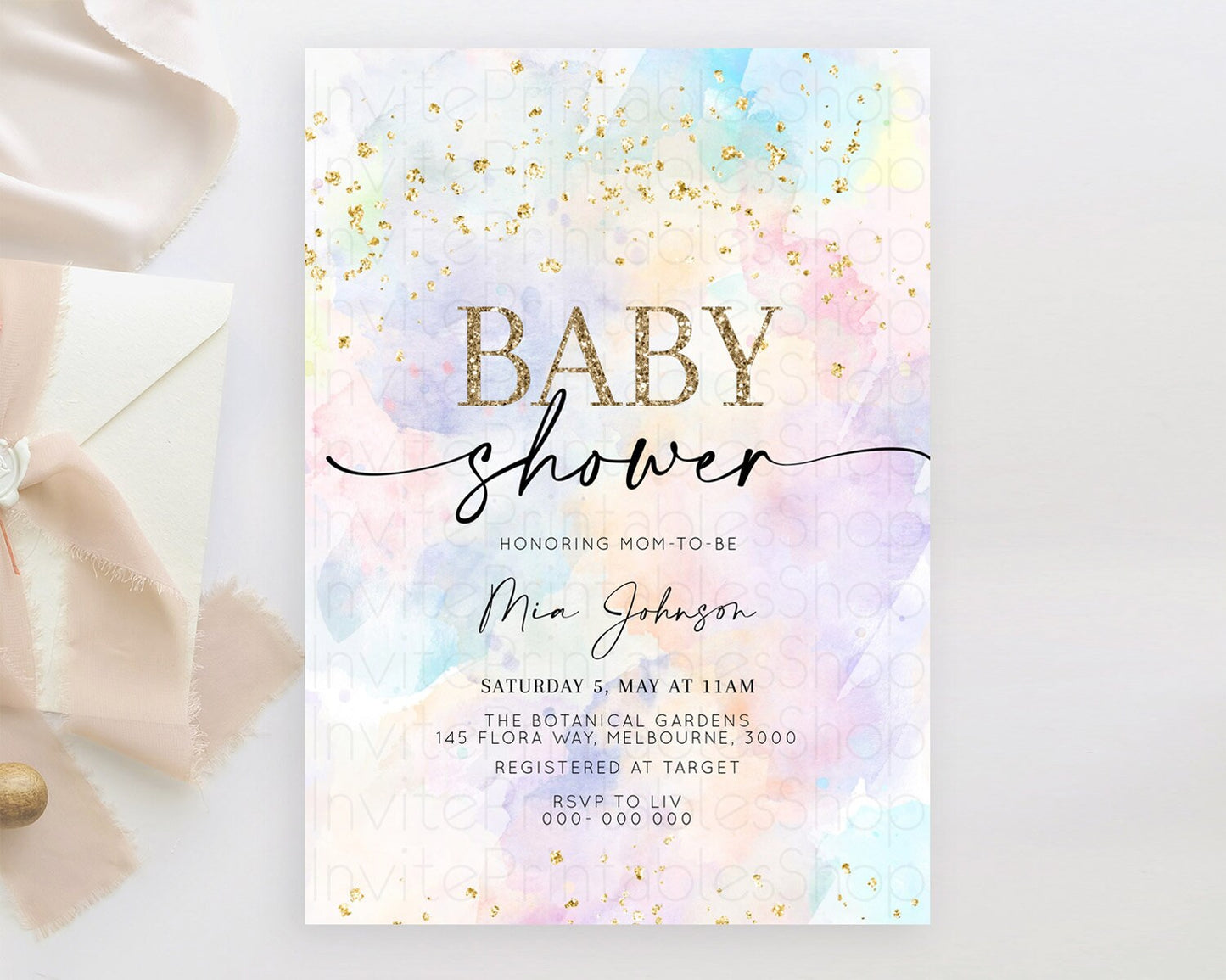 Pastel Baby Shower Invitation Rainbow Baby Shower Invitation Colorful Pastel Watercolor Invitation Gold Glitter Sprinkles Ombre D10605