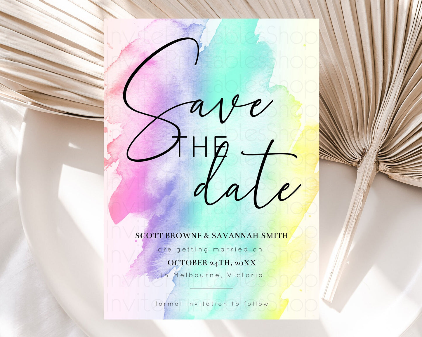 Pastel Save The Date Template Pastel Ombre Rainbow Watercolor Colorful Party For Birthday Baptism Baby Shower Wedding Bridal Shower D10231