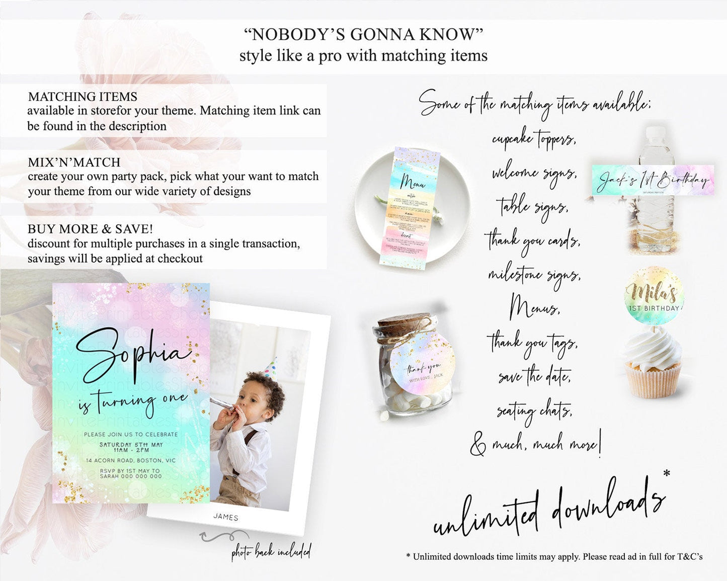 Pastel Birthday Invitation Ombre Watercolor Birthday Invitation Glitter Rainbow Color Splash 1st 2nd 3rd Birthday Invitation D23097