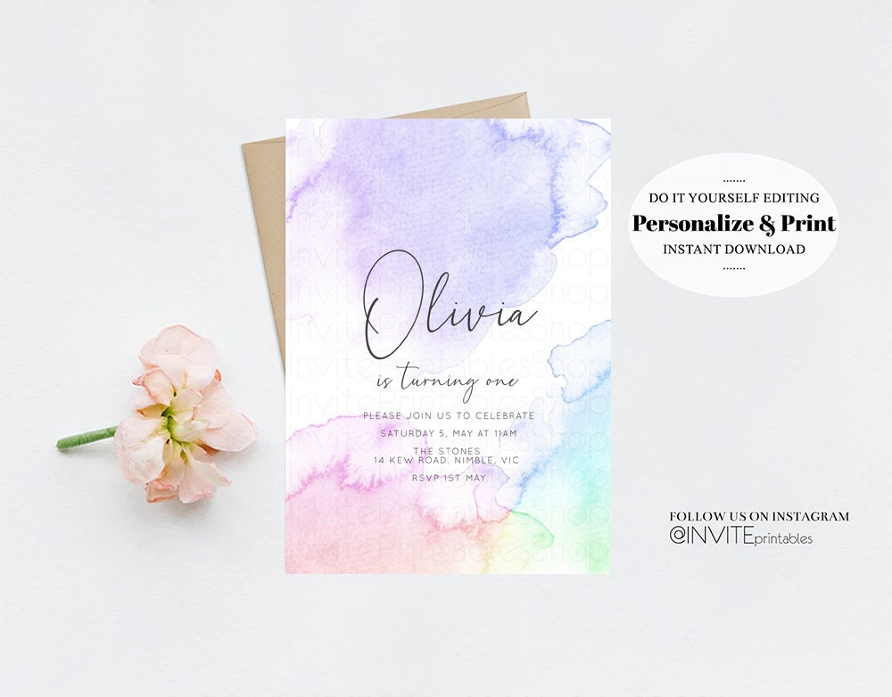 Pastel Rainbow Birthday Invitation Pastel Watercolor Birthday Invite Colorful Watercolor Invite Ombre Pastel Invitation 193