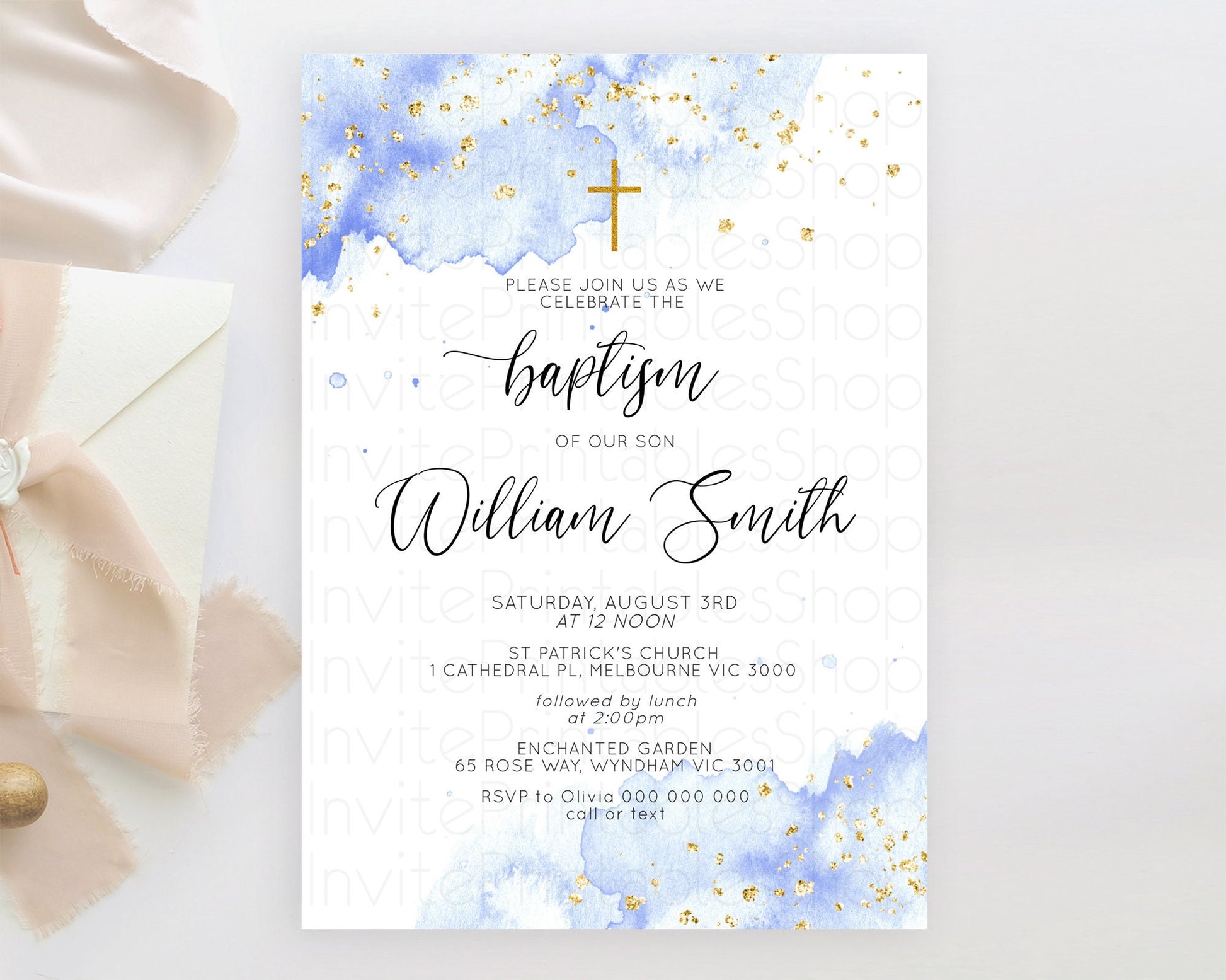 Editable Blue Baptism Invitation Blue Watercolor Baptism 1st Birthday Invita