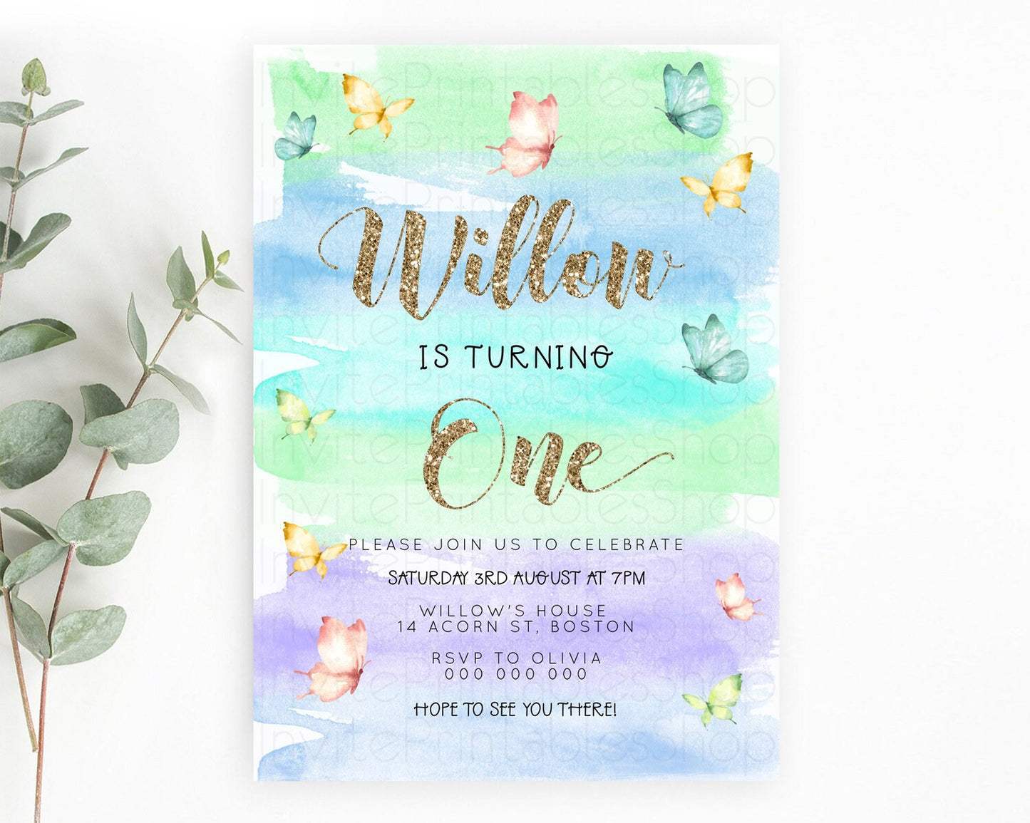 Pastel Butterfly Birthday Invitation Butterfly Birthday Invitation Colorful Splash Glitter Butterfly Garden 1st 2nd Birthday D23227