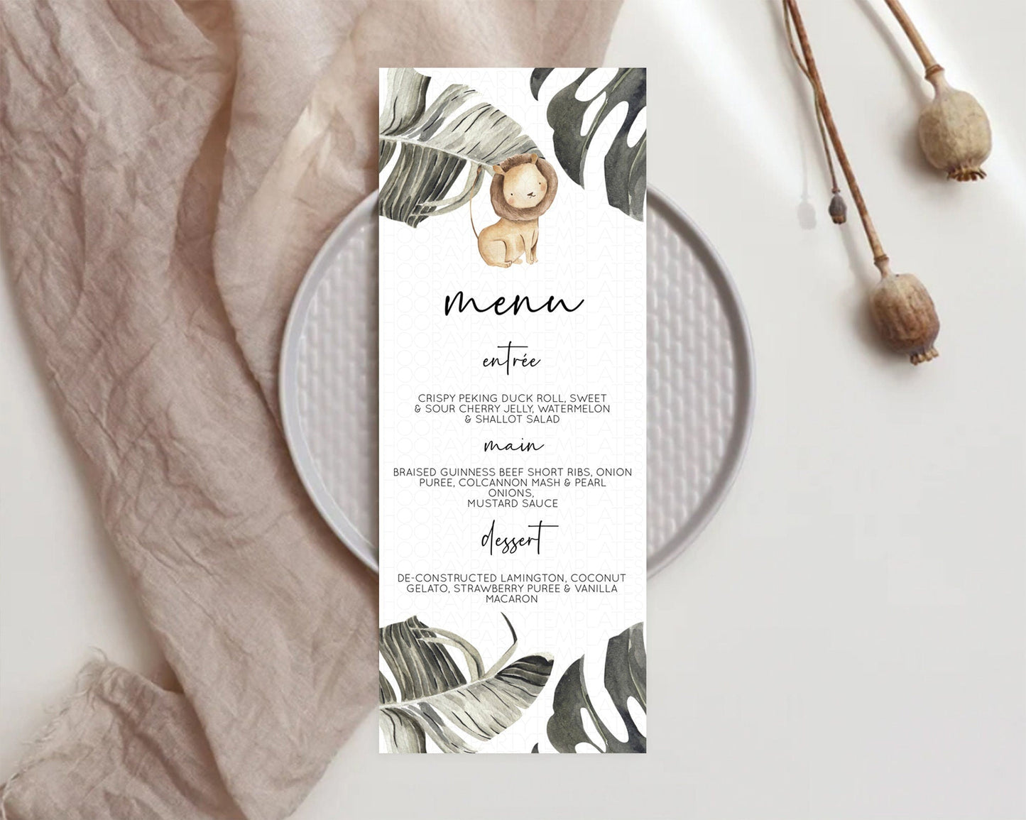 Lion Menu Lion Menu Template Lion Party Table Decor Safari Adventure Lion Menu Dried Palm Fern Lion Dinner Dessert Party Food Menu D10599
