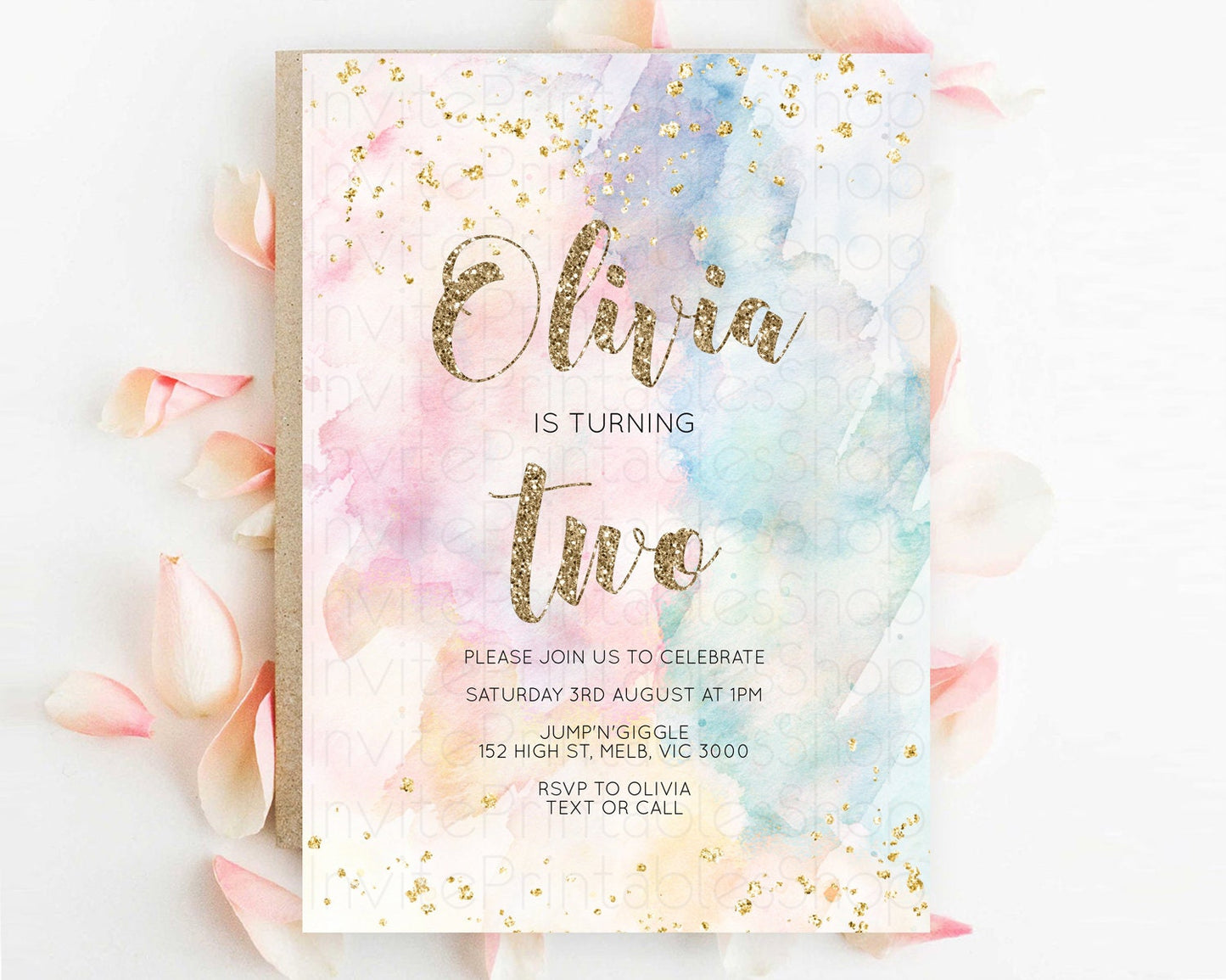 Rainbow Birthday Invitation Colorful Pastel Watercolor Invitation Gold Glitter Sprinkles Ombre Pastel 1st 2nd 3rd Birthday D10264