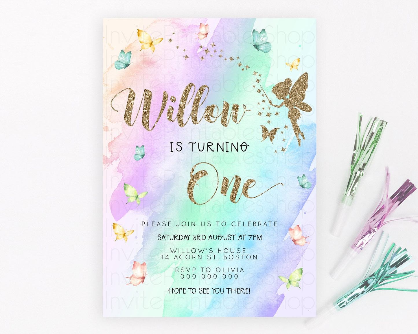 Pastel Fairy Birthday Invitation Pastel Butterflies Fairy Birthday Invitation Rainbow Ombre Watercolor 1st 2nd Birthday Invitation D23331