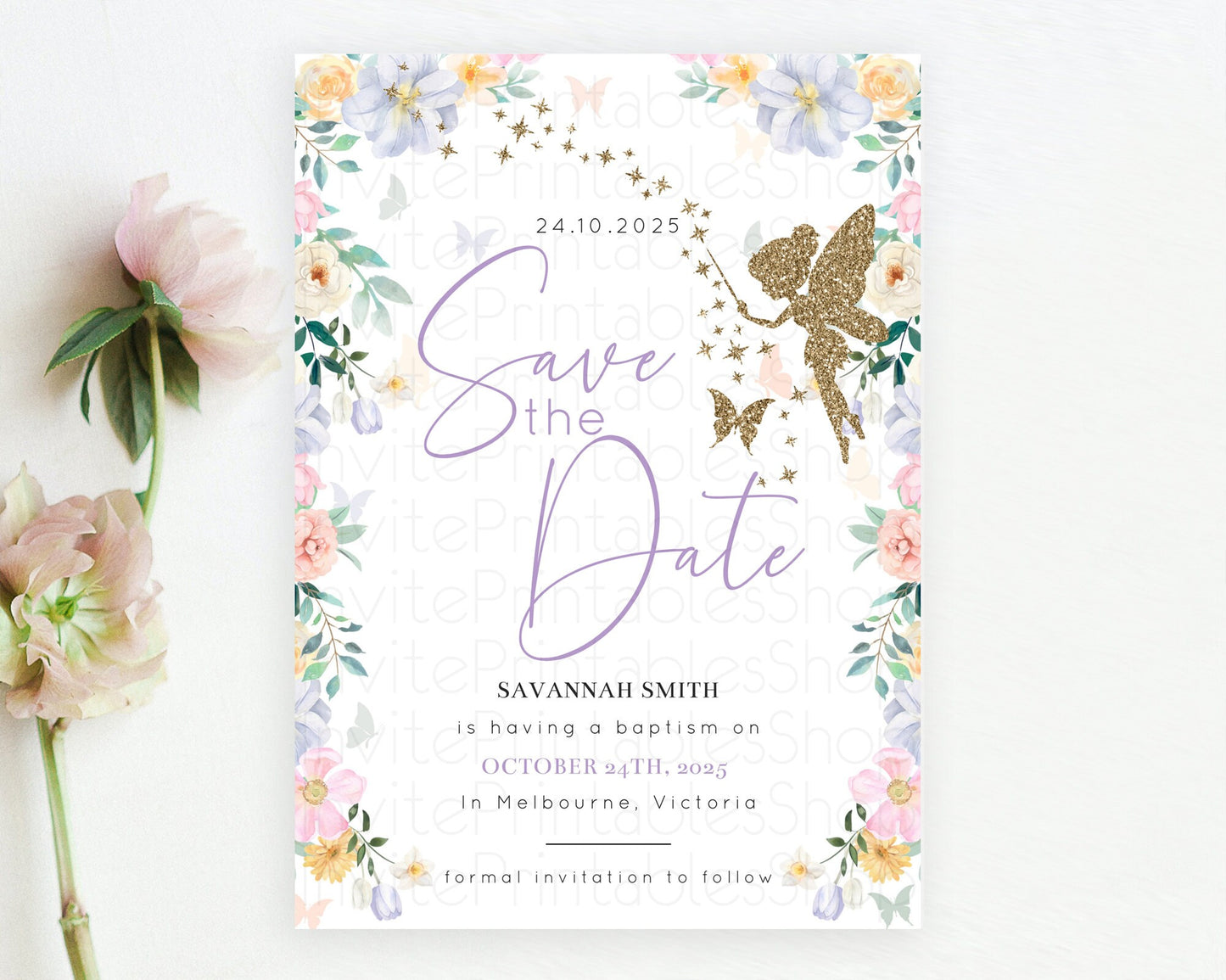 Fairy Save The Date Template Enchanted Garden Pastel Floral Butterfly Party Secret Garden Birthday Baptism Baby Shower Bridal Shower D10474