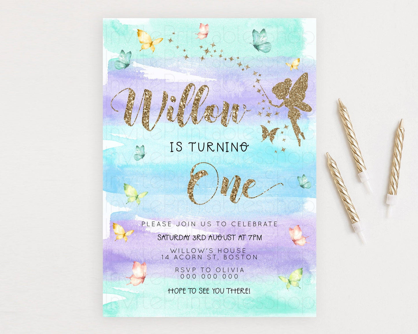 Pastel Fairy Birthday Invitation Pastel Butterflies Fairy Birthday Invitation Rainbow Ombre Watercolor 1st 2nd Birthday Invitation D23317
