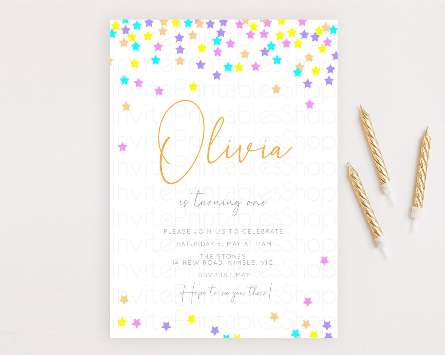 Star Birthday Invitation Pastel Stars Invite Shooting Star Party Rainbow Colorful Confetti Twinkle Little Star 2nd First Birthday D10397