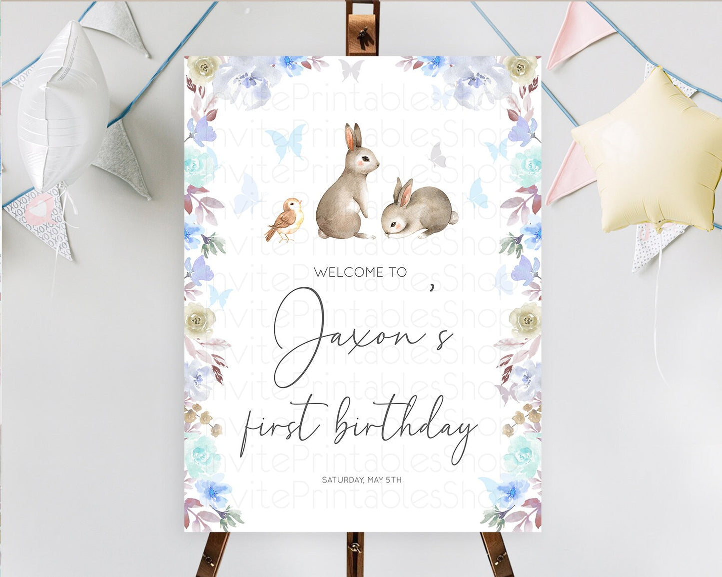 Bunny Welcome Sign Floral Bunny Welcome Board Pastel Flowers Woodland Bunny Welcome Poster Forest Bunny First Birthday Welcome Sign D10927