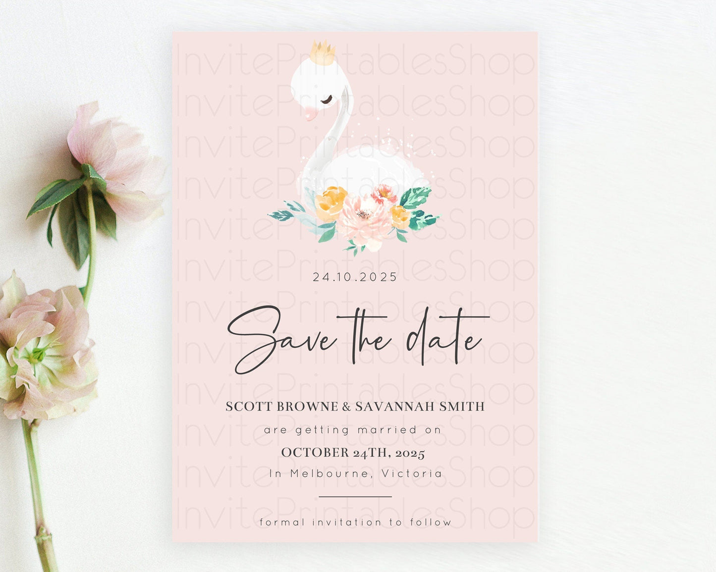 Swan Save The Date Template Swan Princess Ballet Party Enchanted Swan Lake Secret Garden Pastel Floral Birthday Baptism Baby Shower D10388