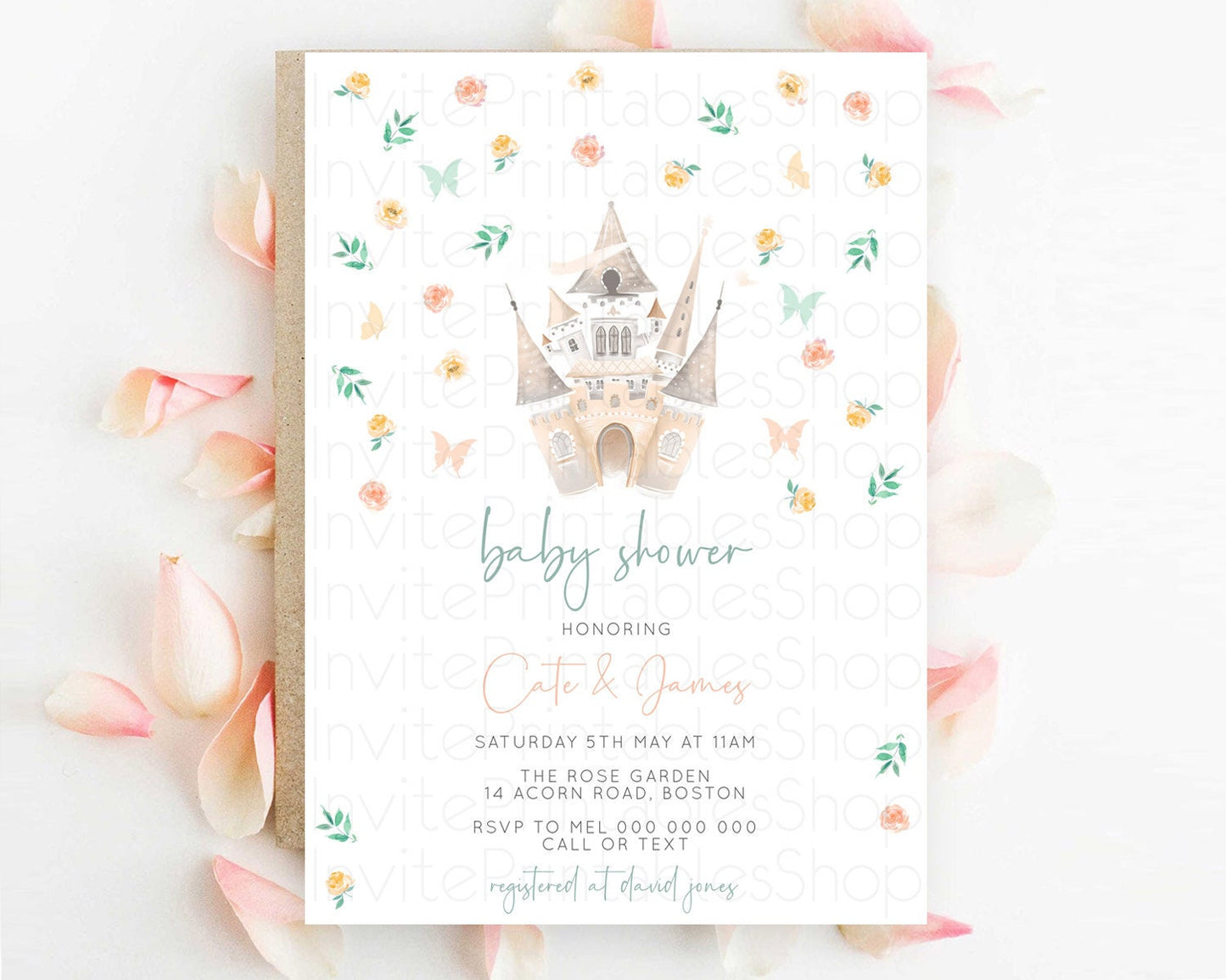 Enchanted Castle Princess Baby Shower Invitation, Orange, Green Floral, Butterflies, Secret Garden Theme, Royal Baby Prince, Princess D10363