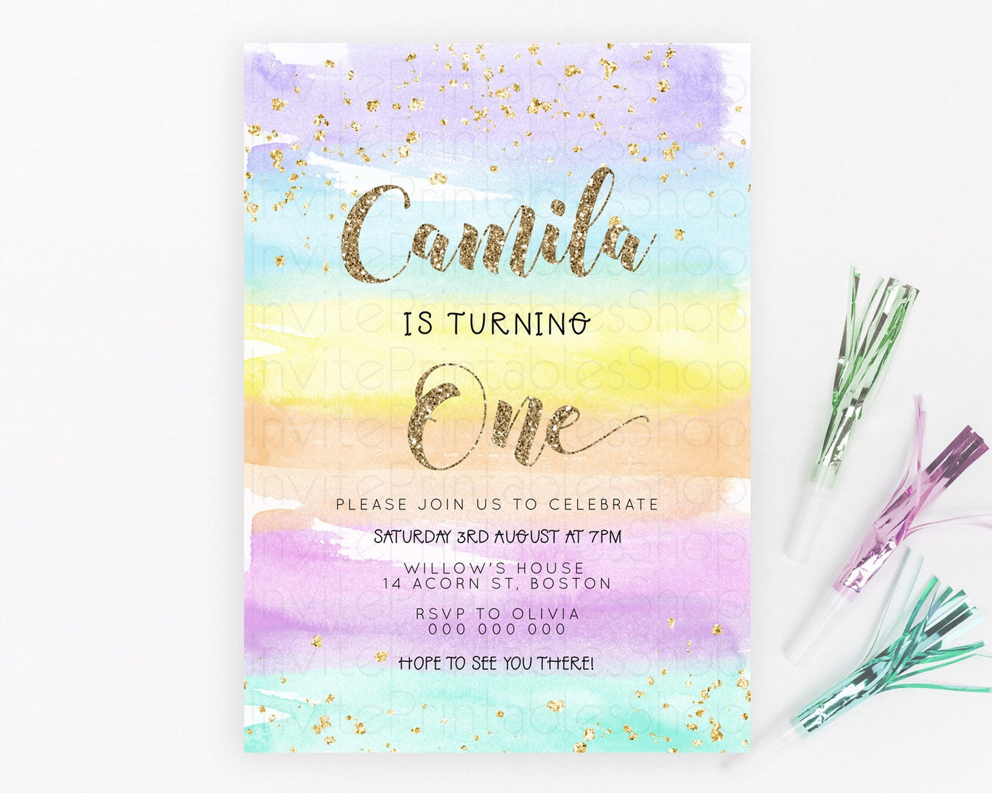 Rainbow Birthday Invitation Colorful Pastel Watercolor Invitation Gold Glitter Sprinkles Ombre Pastel 1st 2nd 3rd Birthday D23268