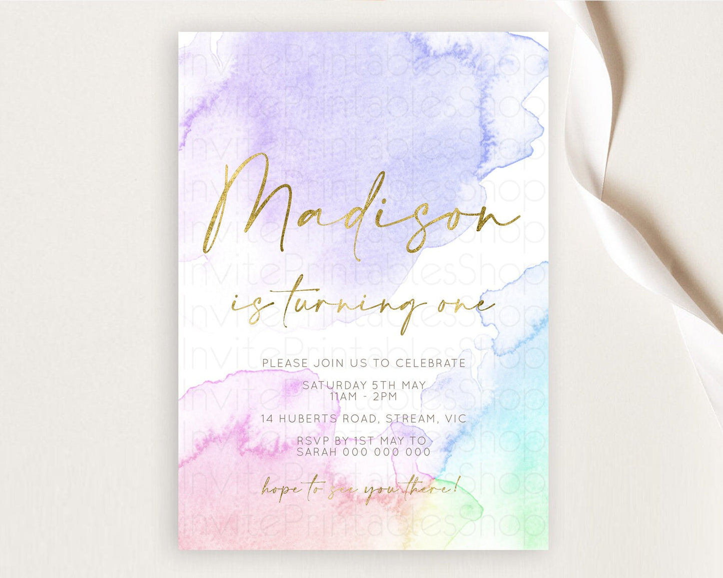 Rainbow Birthday Invitation Colorful Pastel Watercolor Invitation Gold Glitter Sprinkles Ombre Pastel 1st 2nd 3rd Birthday D10215