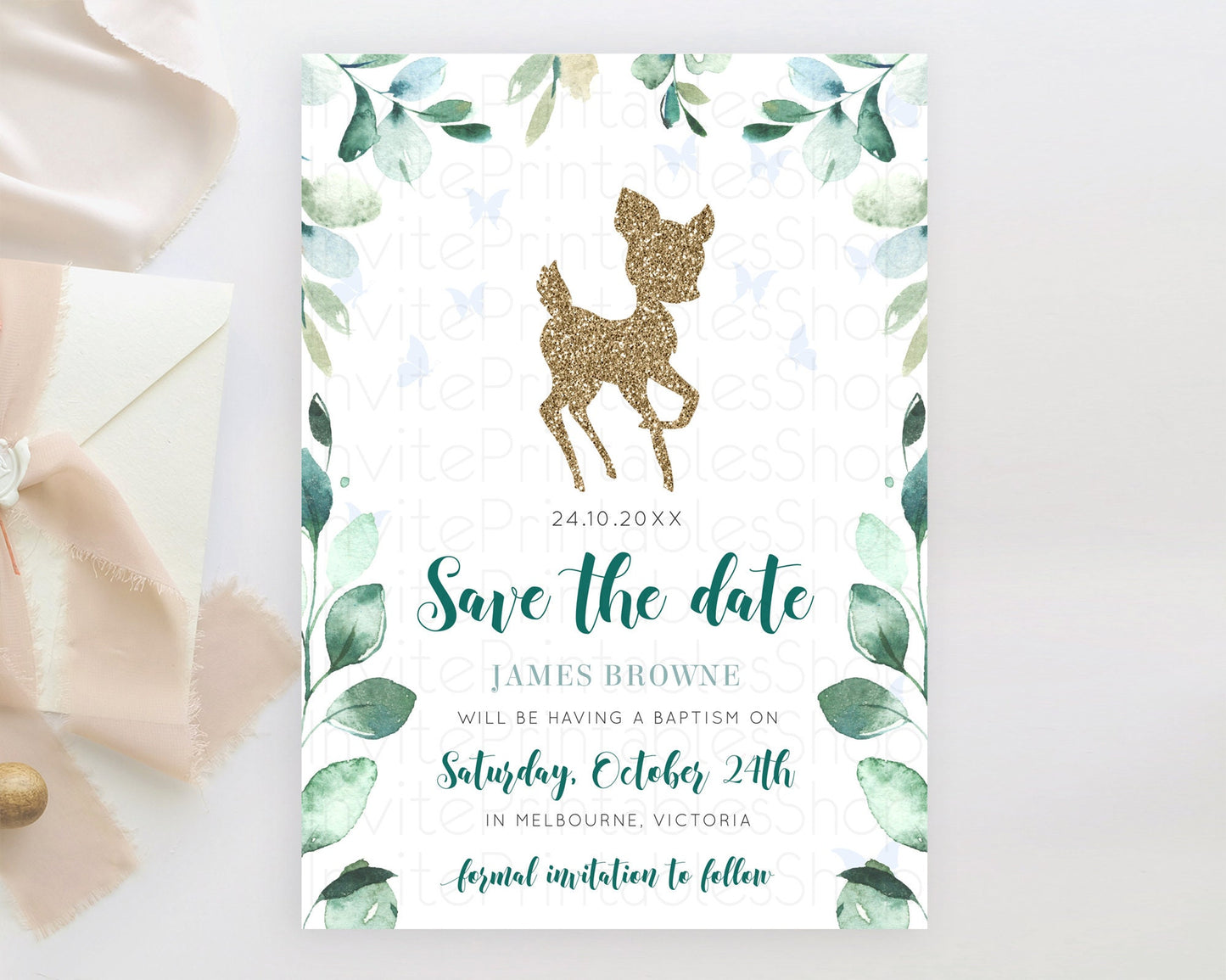 Editable Fawn Deer Save The Date Template Pastel Floral Deer Enchanted Fores