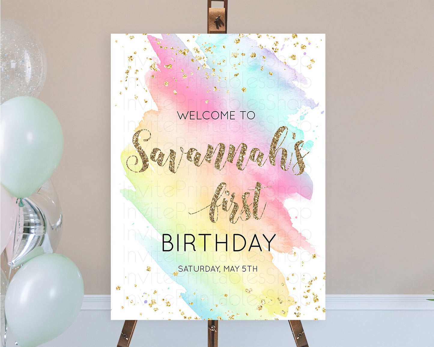 Pastel Welcome Sign Pastel Rainbow Welcome Sign Colorful Rainbow Confetti Watercolor Glitter Pastel First Birthday Welcome Sign D10495