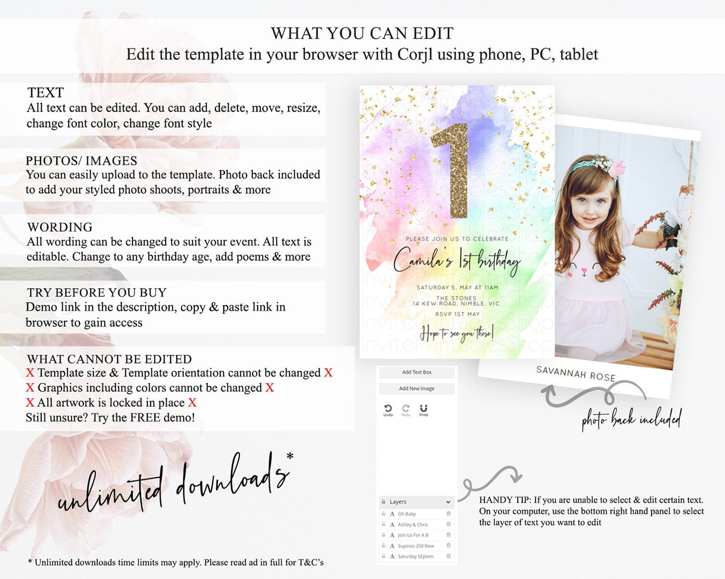 Rainbow Birthday Invitation Colorful Pastel Watercolor Invitation Gold Glitter Sprinkles Ombre Pastel 1st 2nd 3rd Birthday D10316