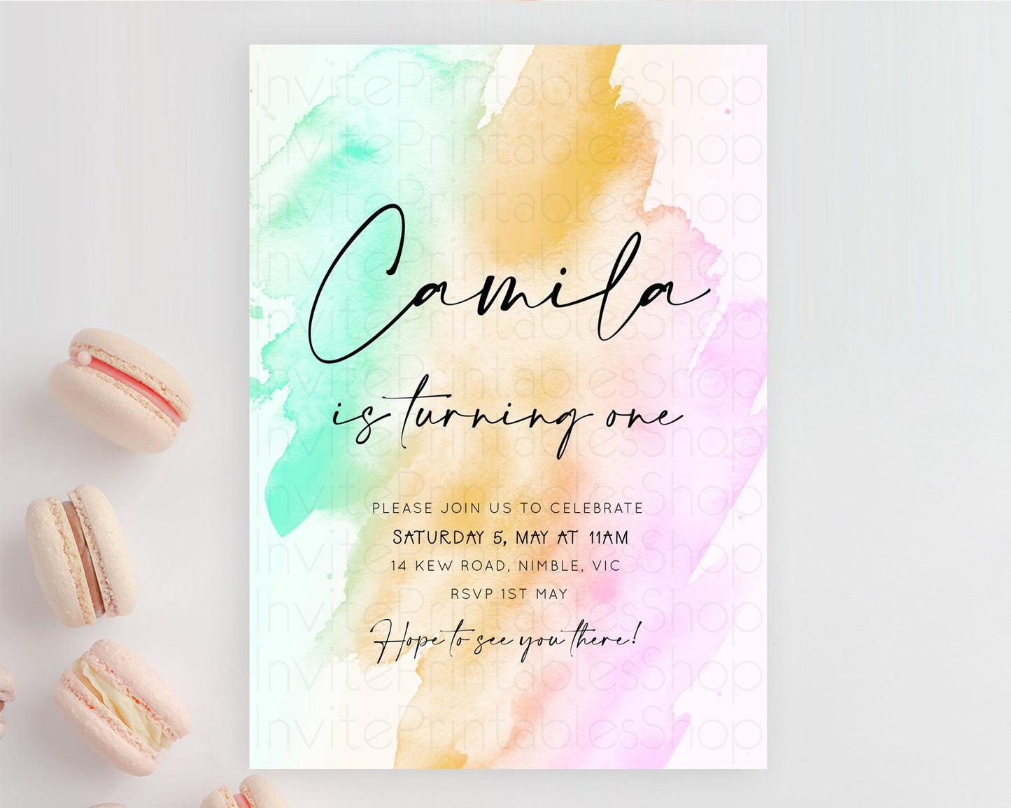Rainbow Birthday Invitation Colorful Pastel Watercolor Invitation Gold Glitter Sprinkles Ombre Pastel 1st 2nd 3rd Birthday D10962