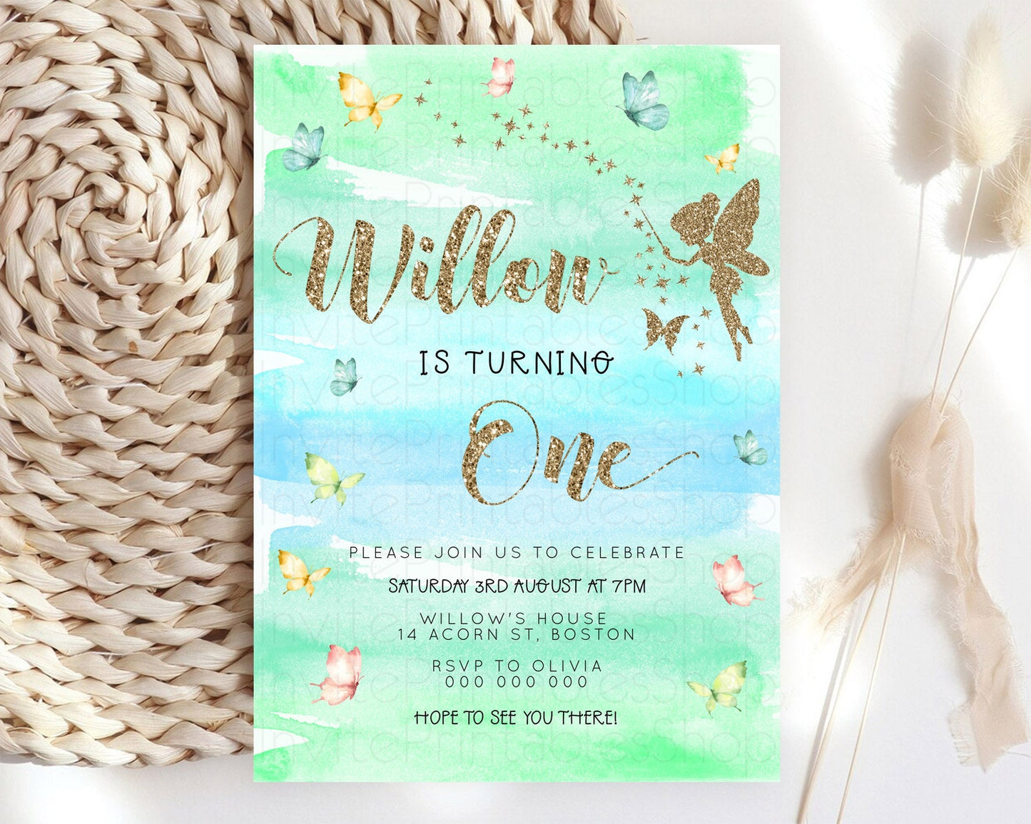 Pastel Fairy Birthday Invitation Pastel Butterflies Fairy Birthday Invitation Rainbow Ombre Watercolor 1st 2nd Birthday Invitation D23323