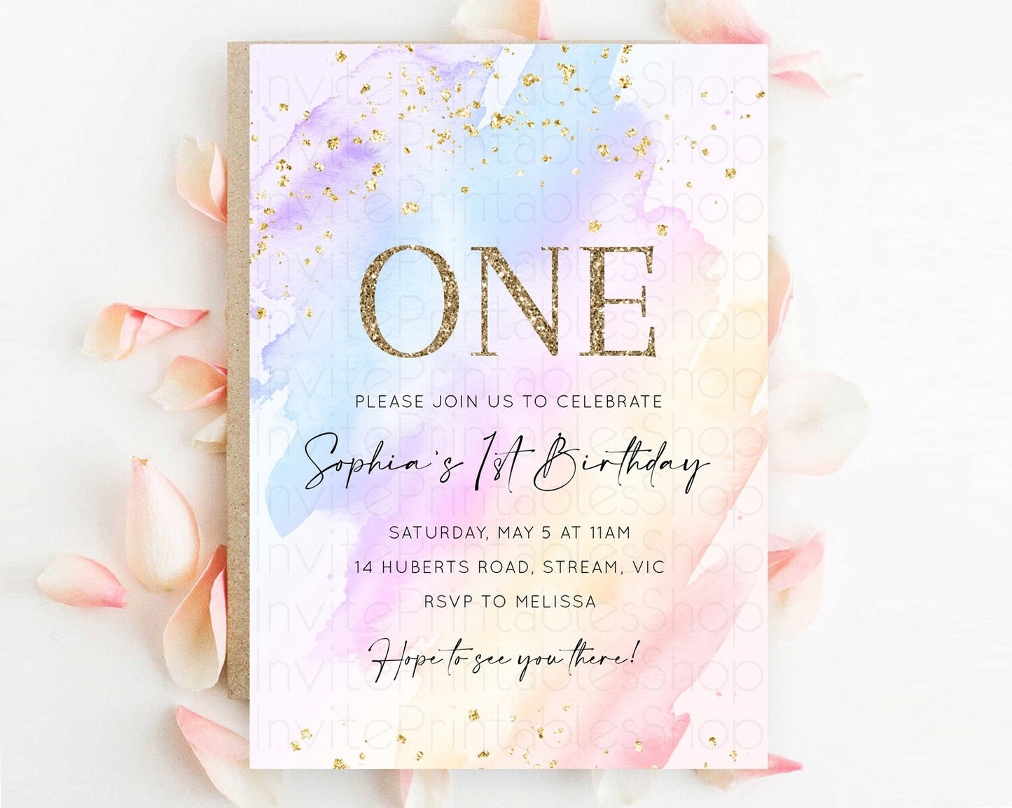 Rainbow Birthday Invitation Colorful Pastel Watercolor Invitation Gold Glitter Sprinkles Ombre Pastel 1st 2nd 3rd Birthday D10635