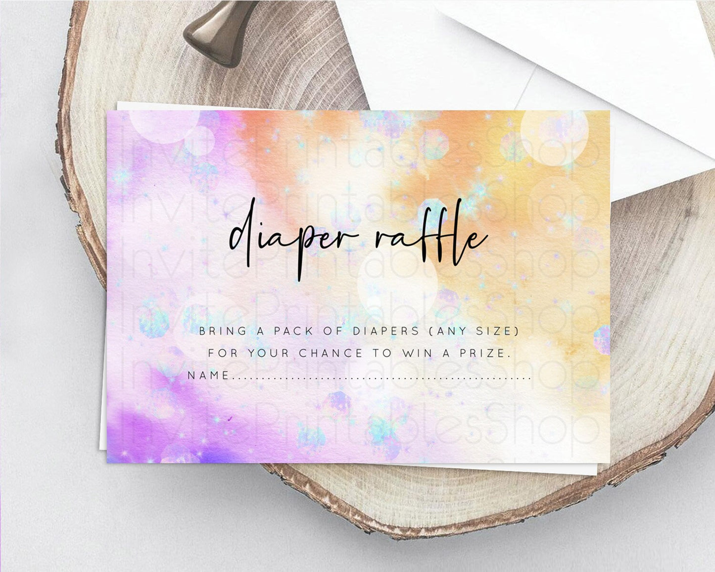 Rainbow Diaper Raffle Card Pastel Diaper Insert Colorful Pastel Watercolor Ombre Diaper Ticket Iridescent Sprinkles Raffle Game D10690