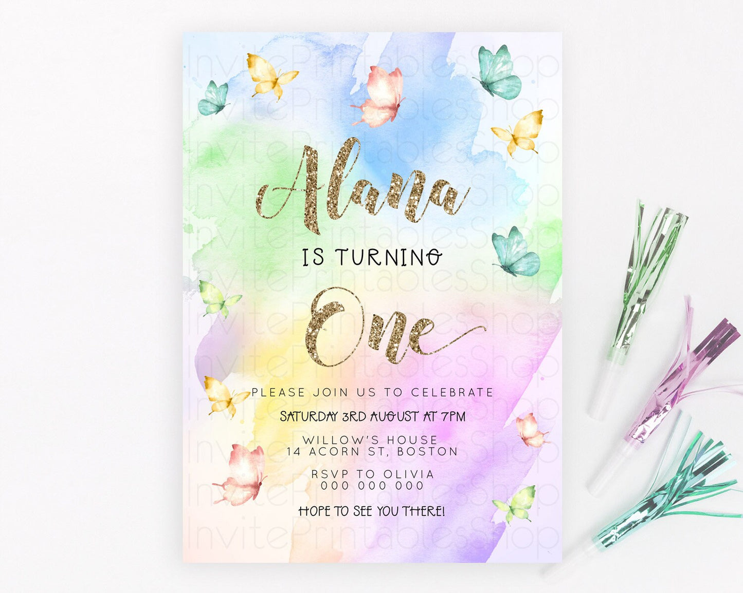 Pastel Butterfly Birthday Invitation Butterfly Birthday Invitation Colorful Splash Glitter Butterfly Garden 1st 2nd Birthday D23257