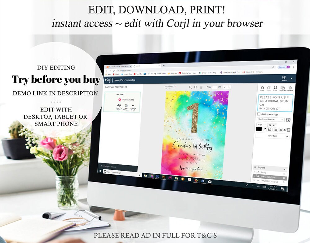 Tie Dye Rainbow Birthday Invitation Colorful Pastel Invitation Ombre Watercolor Invite Splash Gold Glitter Sprinkles Invite