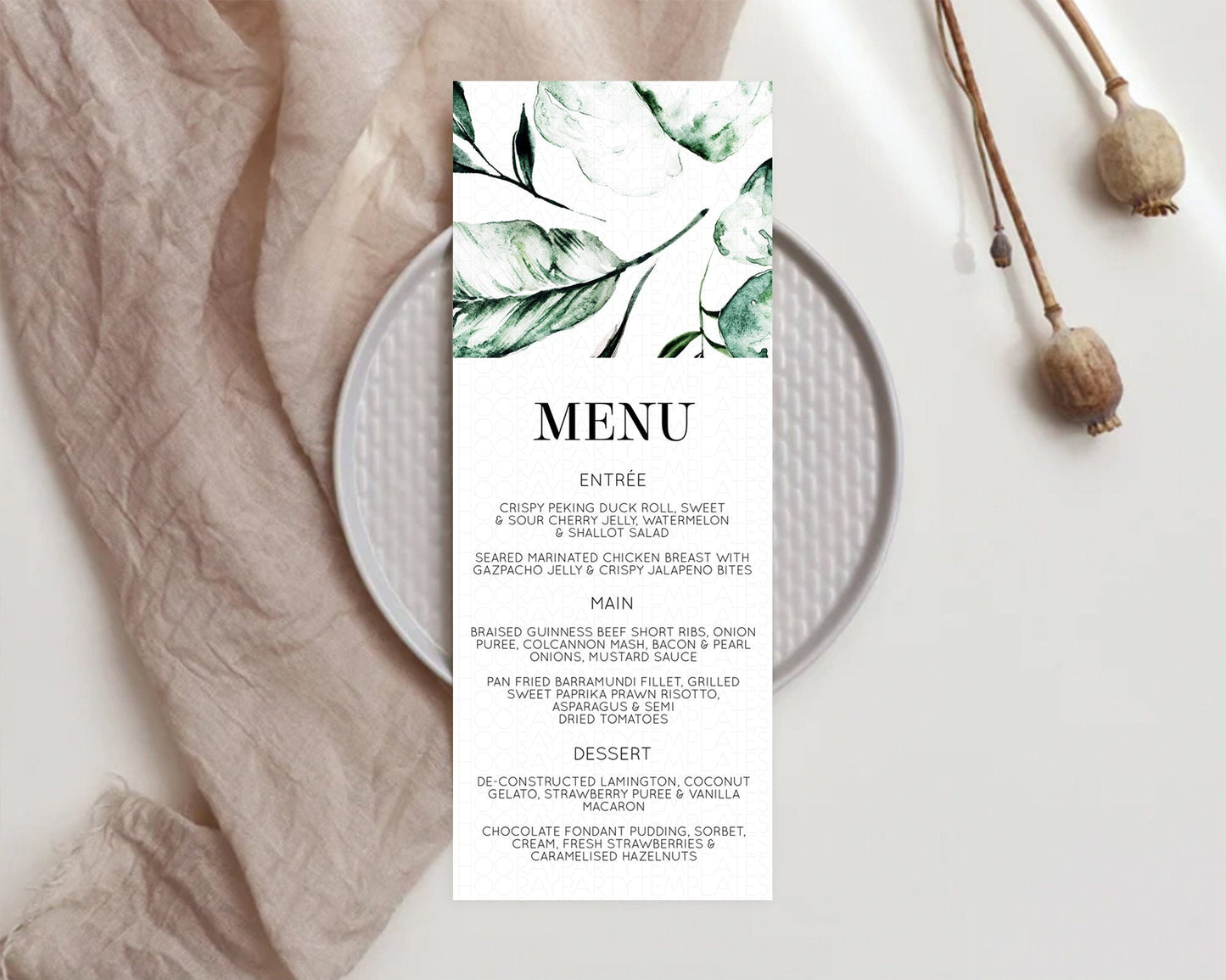 Tropical Menu Template Tropical Menu Palm Leaf Fern Table Decor Frangipani Floral White Orchid Dinner Dessert Menu Party Food Menu D11063