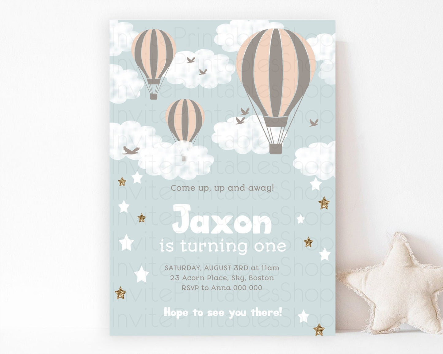 Hot Air Balloon Birthday Invitation Hot Air Balloon Invites Adventure Awaits Up Up & Away Glitter Blue Watercolor 1st Birthday Boy D10174