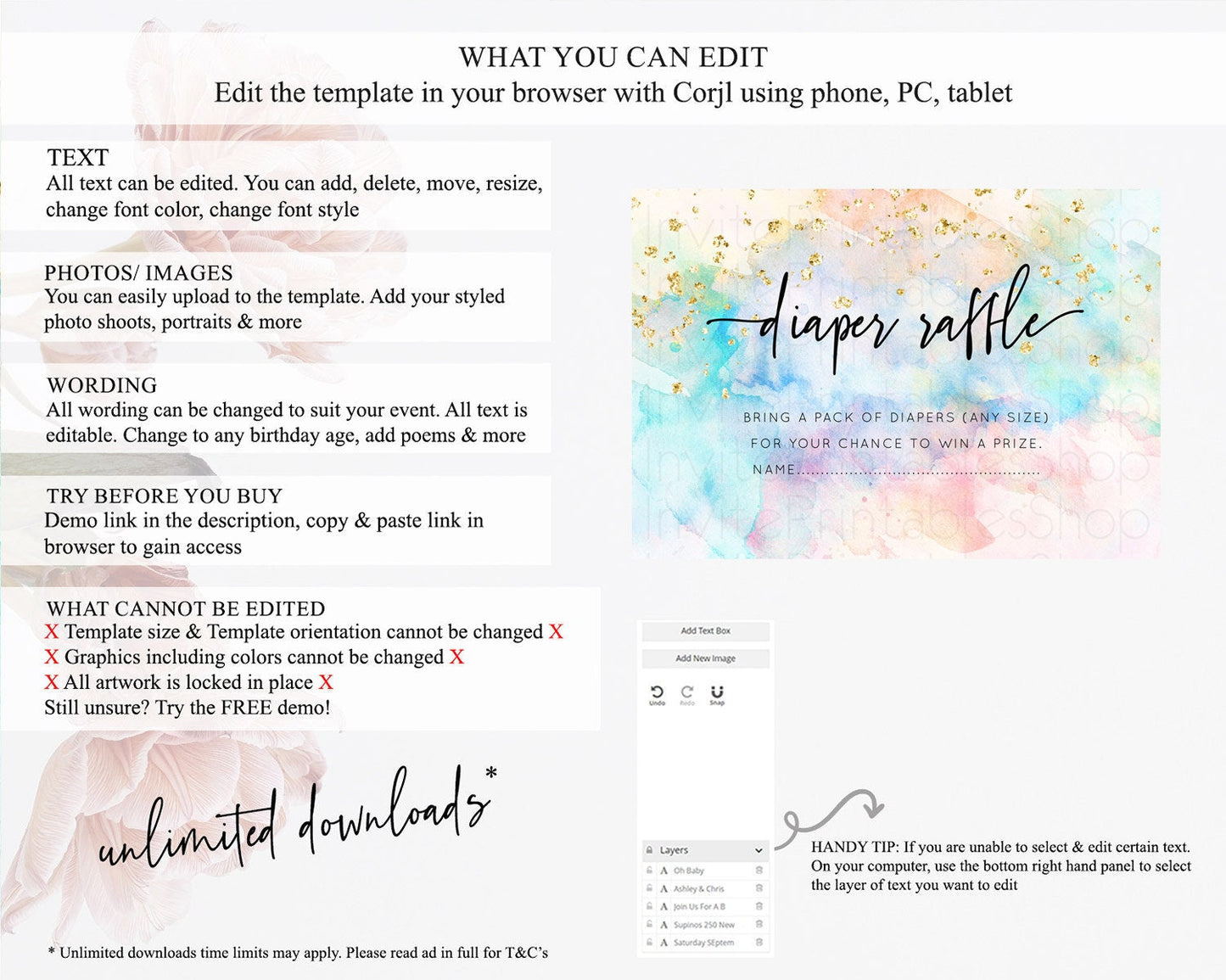 Pastel Diaper Raffle Card Pastel Rainbow Diaper Raffle Insert Colorful Ombre Watercolor Diaper Ticket Confetti Glitter Raffle Game D10260