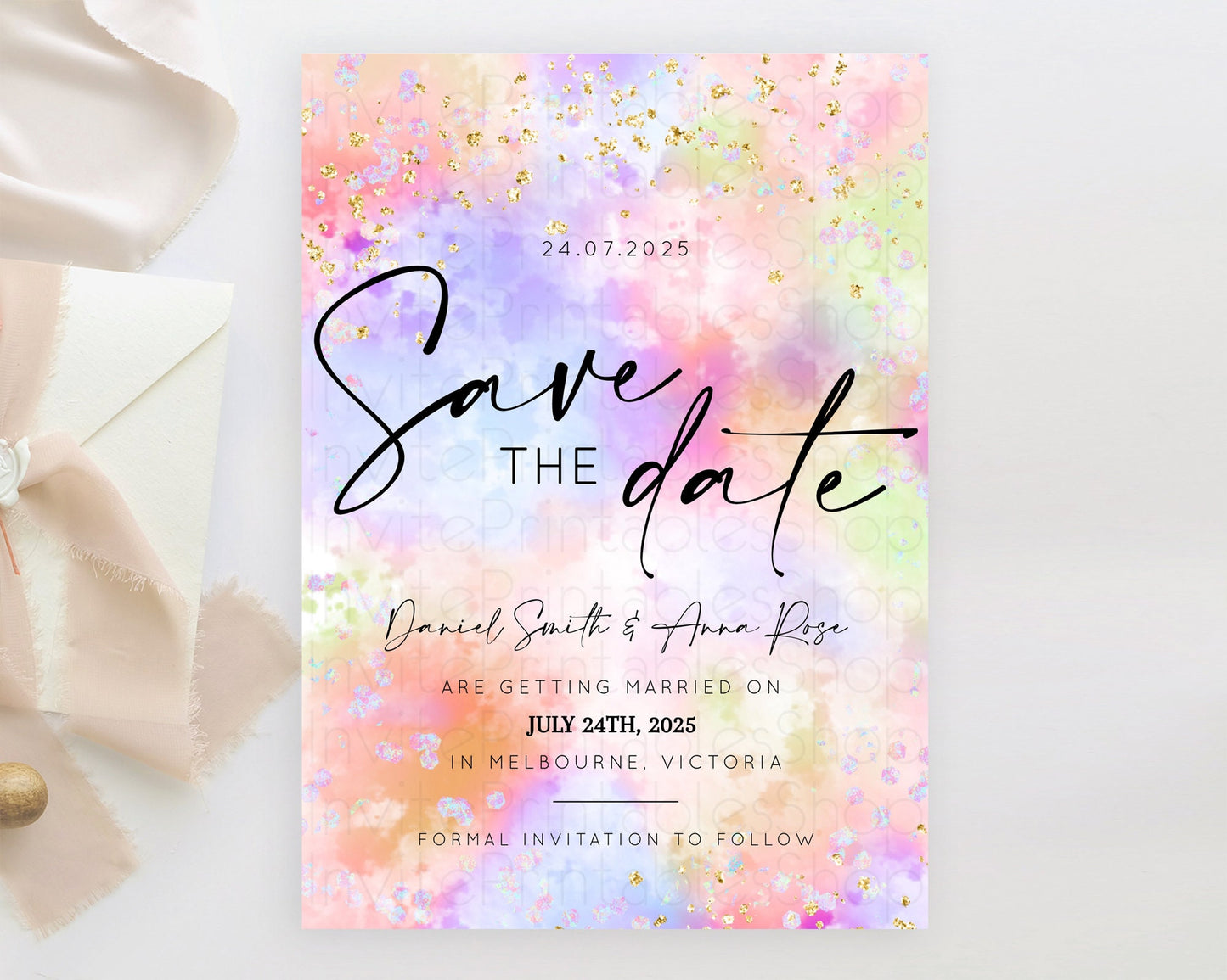 Pastel Save The Date Template Pastel Ombre Rainbow Watercolor Colorful Party For Birthday Baptism Baby Shower Wedding Bridal Shower D10610