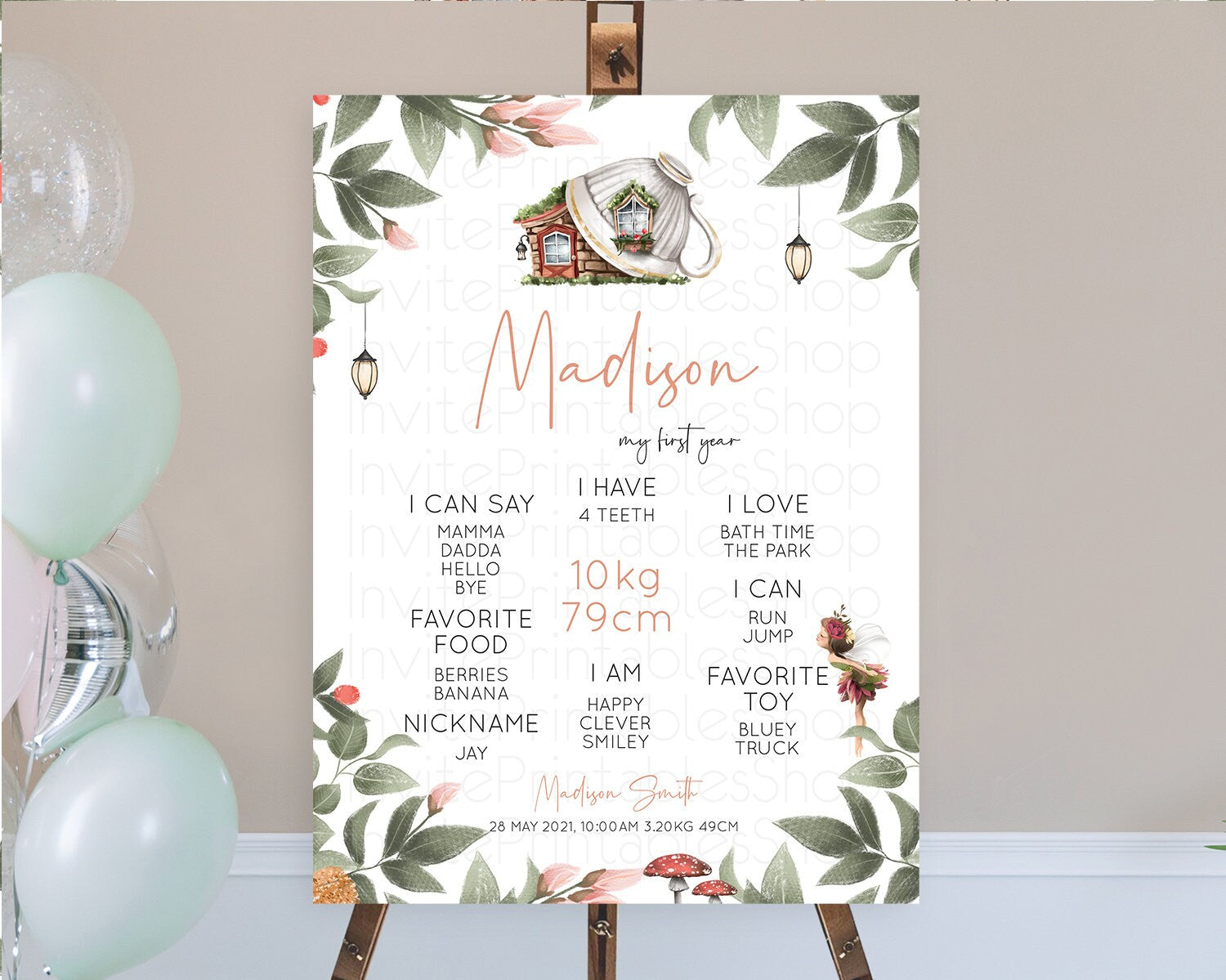 Editable Fairy First Birthday Milestone Poster Fairy Secret Garden Milestone