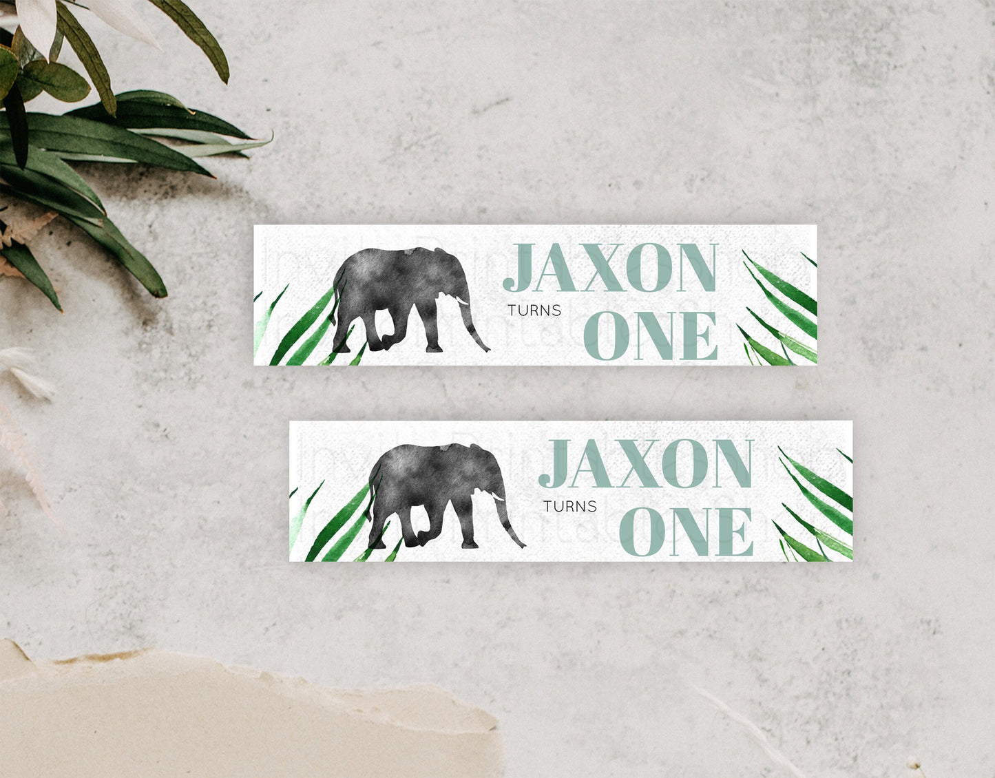 Elephant Water Label Template Elephant Safari Adventure Party Decor Dried Palm Fern Zoo Birthday Baptism Baby Shower Bridal Shower D10842